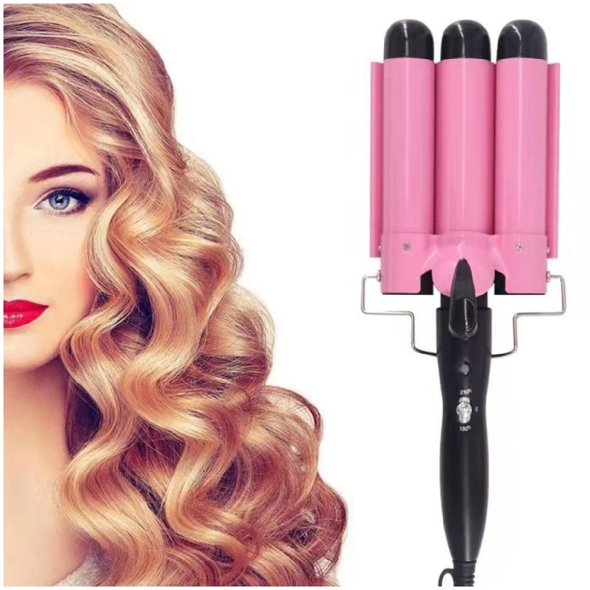 Frau mit welligem Haar und einem rosa Haarwellengerät. Das Gerät wird von einem schwarzen Griff gehalten.