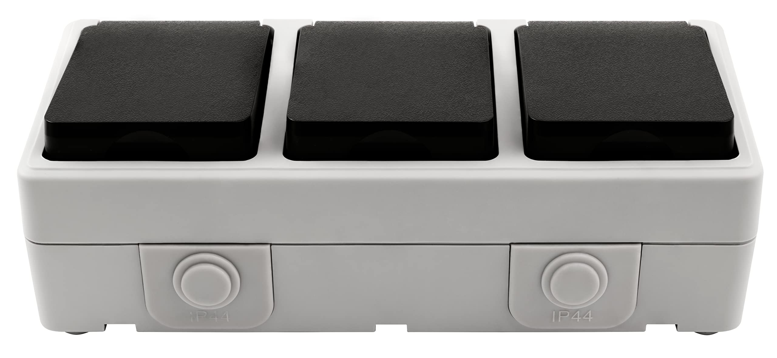 Una scatola elettrica grigia con tre prese nere e due porte rotonde IP44.