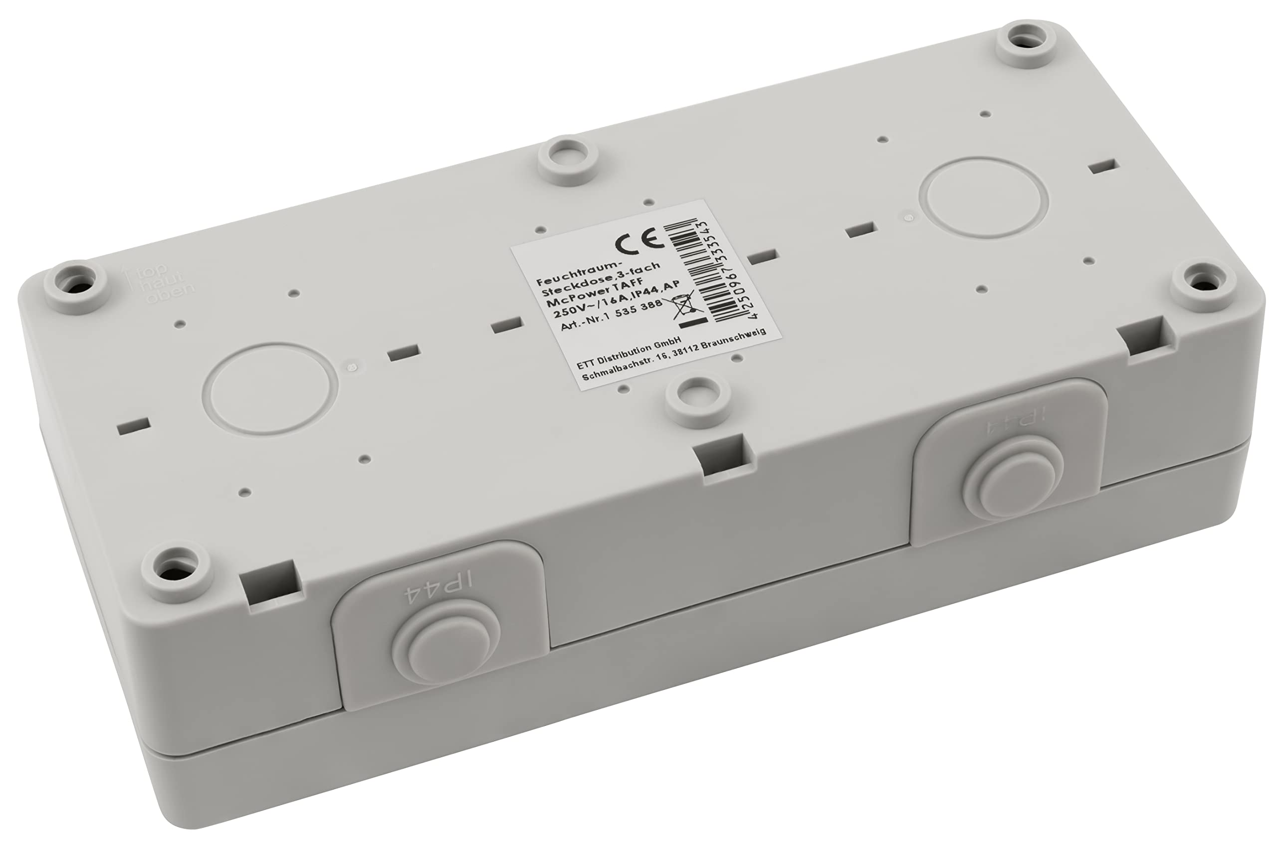 Scatola di giunzione elettrica grigia, rettangolare con angoli arrotondati e quattro fori per viti. Etichetta IP44.