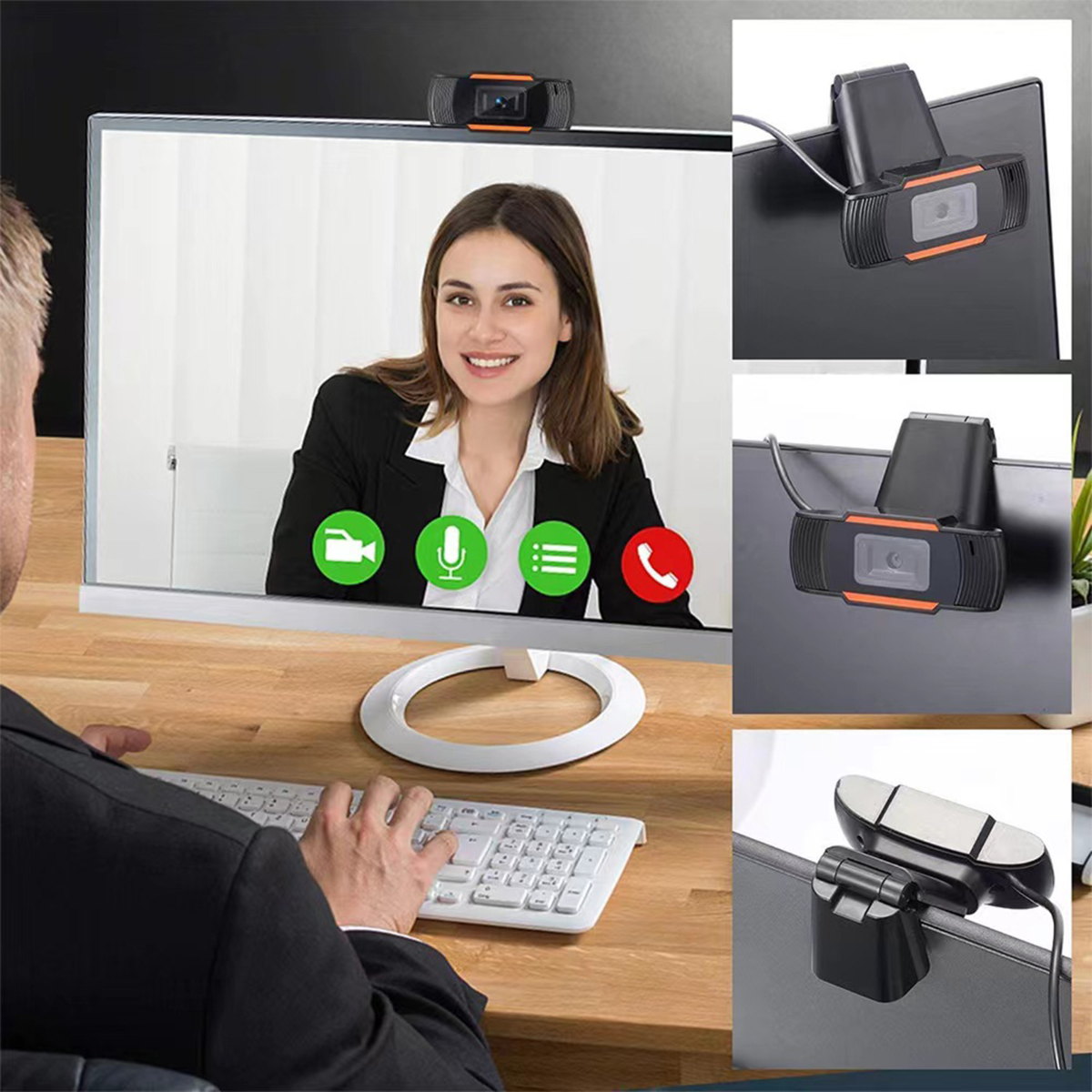 Eine Person telefoniert mit einer Webcam. Die Webcam und der Bildschirm zeigen eine Frau. Zusätzliche Webcams gezeigt.