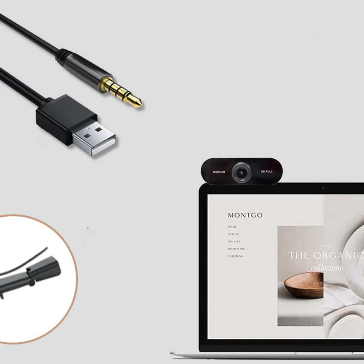 Webcam und USB-Kabel mit einem Laptop, der eine Website zeigt.