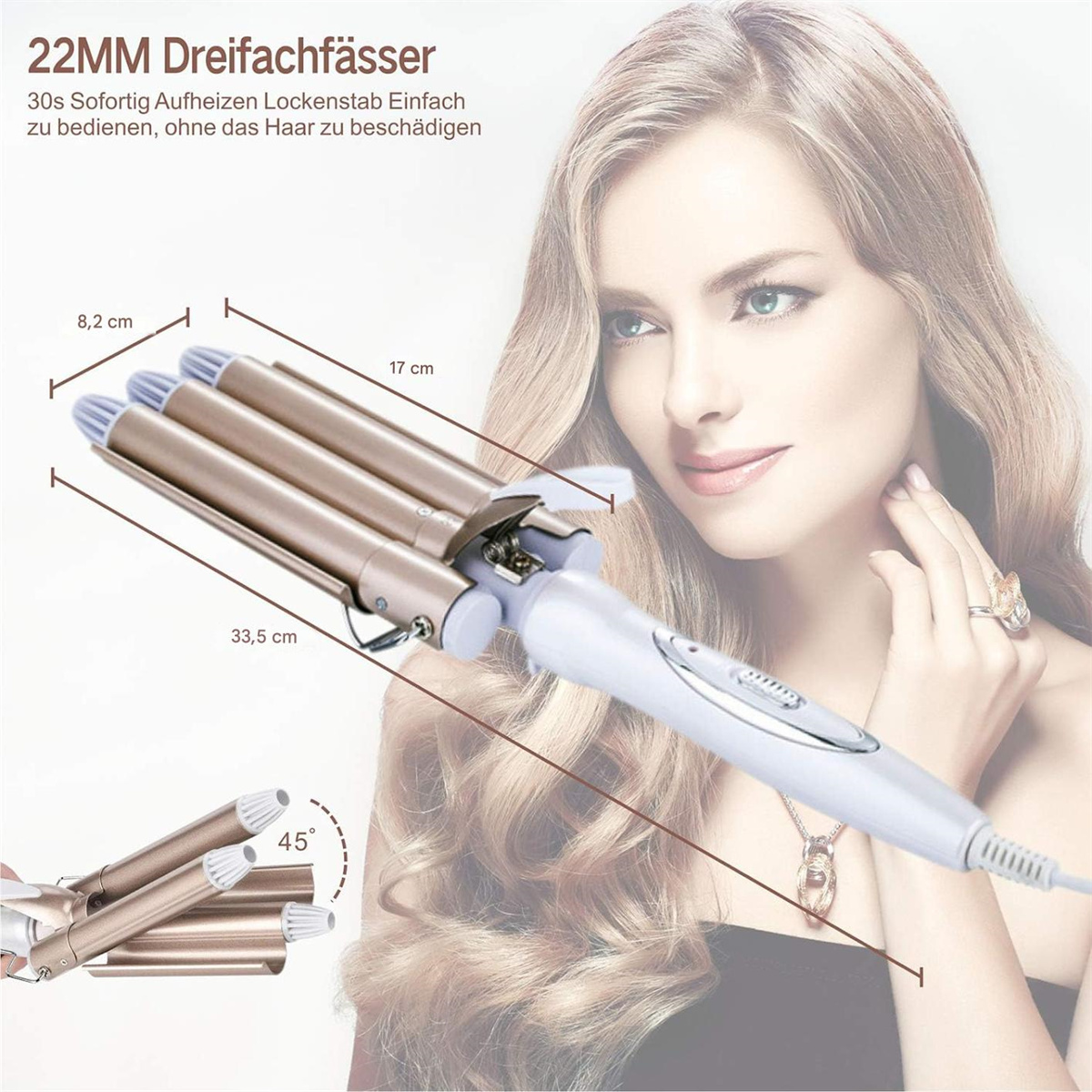 Eine Frau hält einen goldenen Lockenstab, Abmessungen beschriftet. Text beschreibt es als 22mm Dreifachfässer.