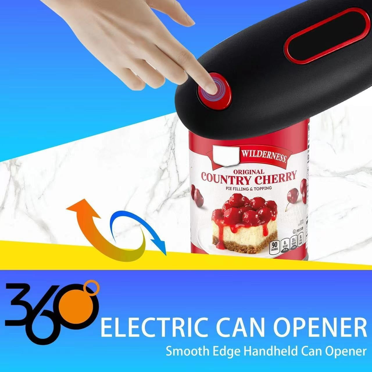 Ein elektrischer Dosenöffner mit roter Taste, der eine Dose Country Cherry-Kuchenfüllung öffnet.