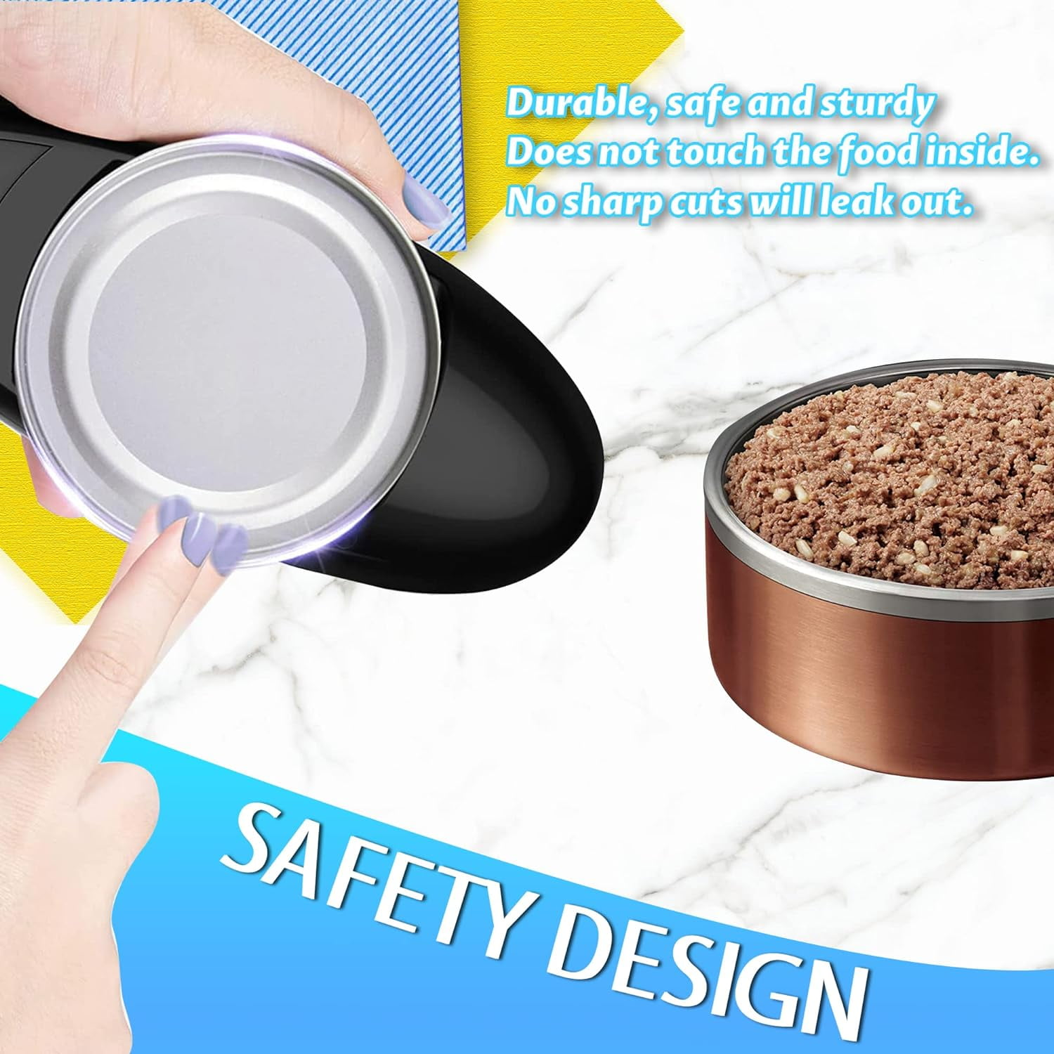 Eine Hand öffnet eine Dose, eine Dose Essen und Text über Sicherheitsdesign auf Marmor.