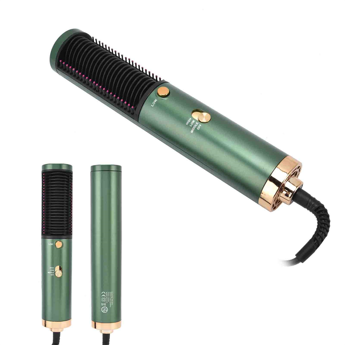 Eine grün-goldene Haarglättungsbürste mit zwei zusätzlichen Bürsten.