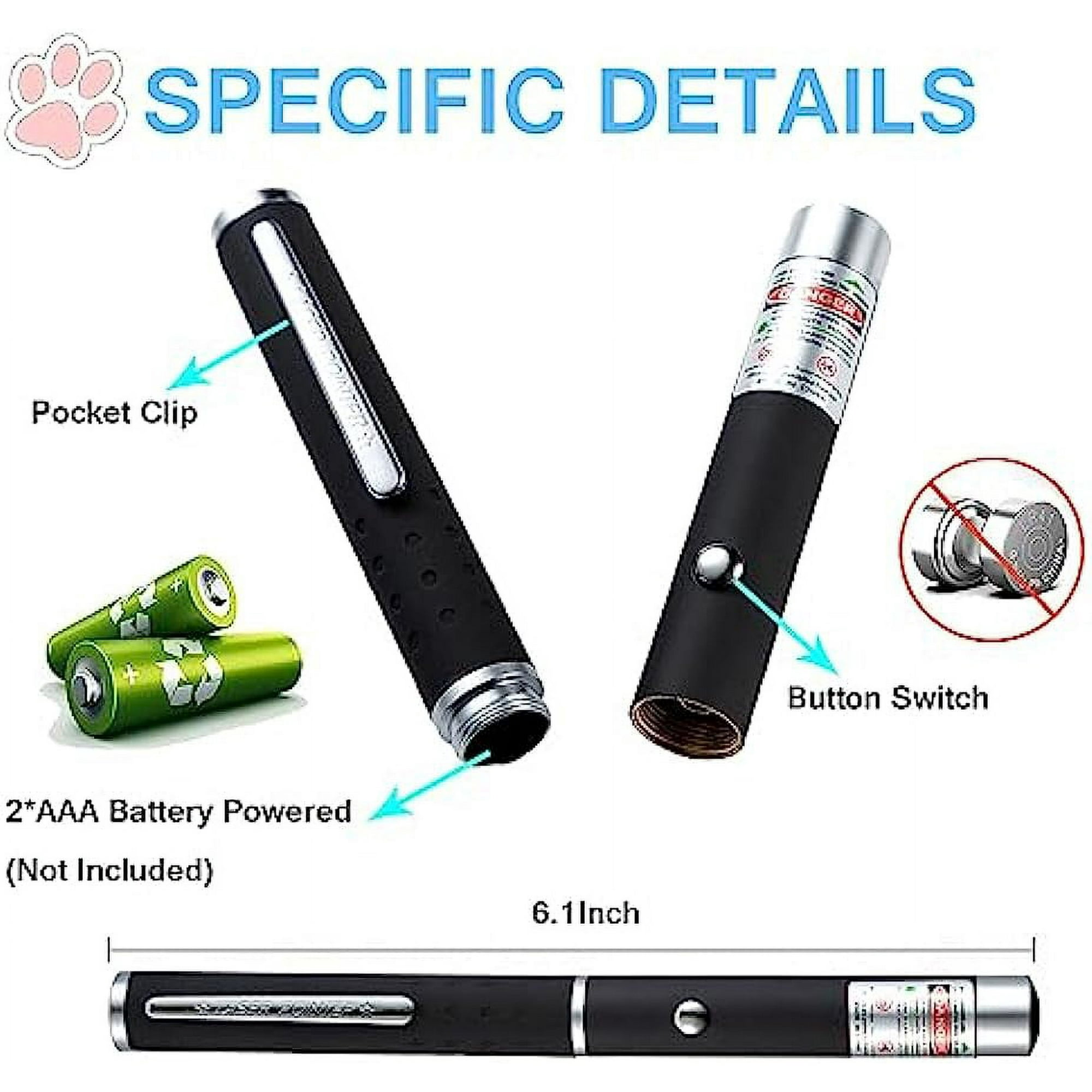 Zwei schwarze Laserpointer mit Batterien und Textetiketten werden gezeigt. Einer hat einen Knopf.