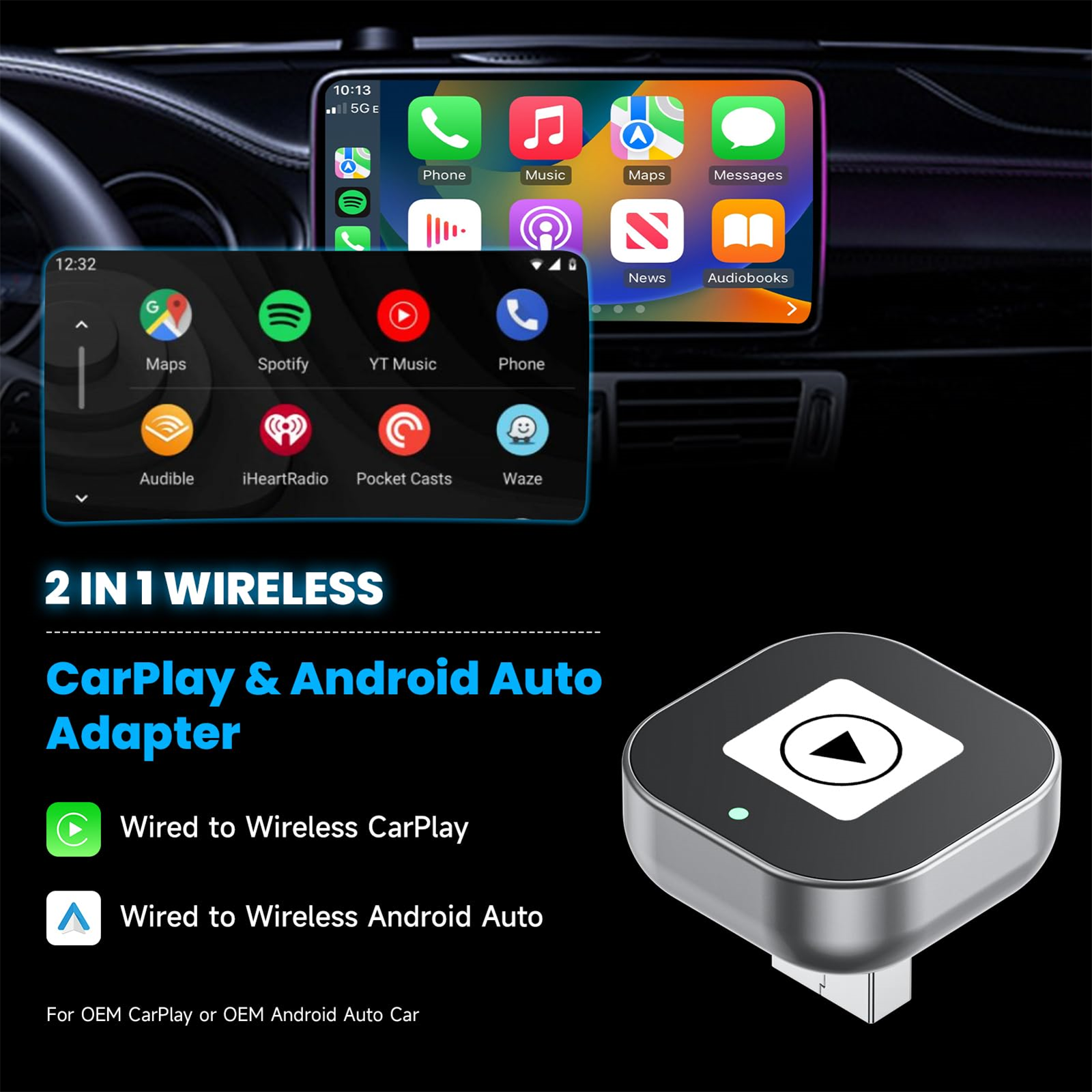 CarPlay- und Android Auto-Adapter mit Telefon-Symbolen, Auto- und Telefon-Bildschirm.