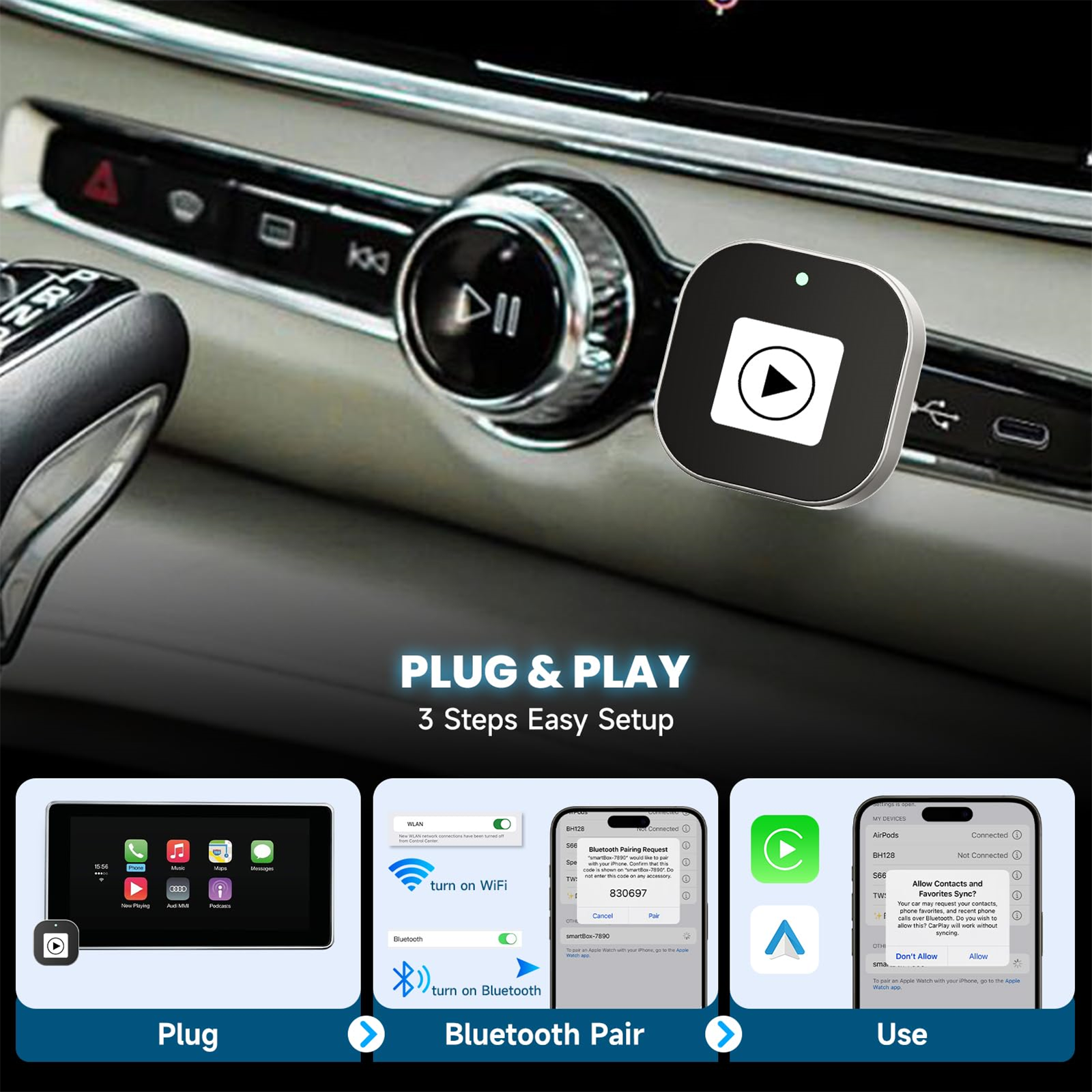 Nahaufnahme eines Bluetooth-Adapters im Auto mit 3 Schritt-Setup-Illustrationen unten.