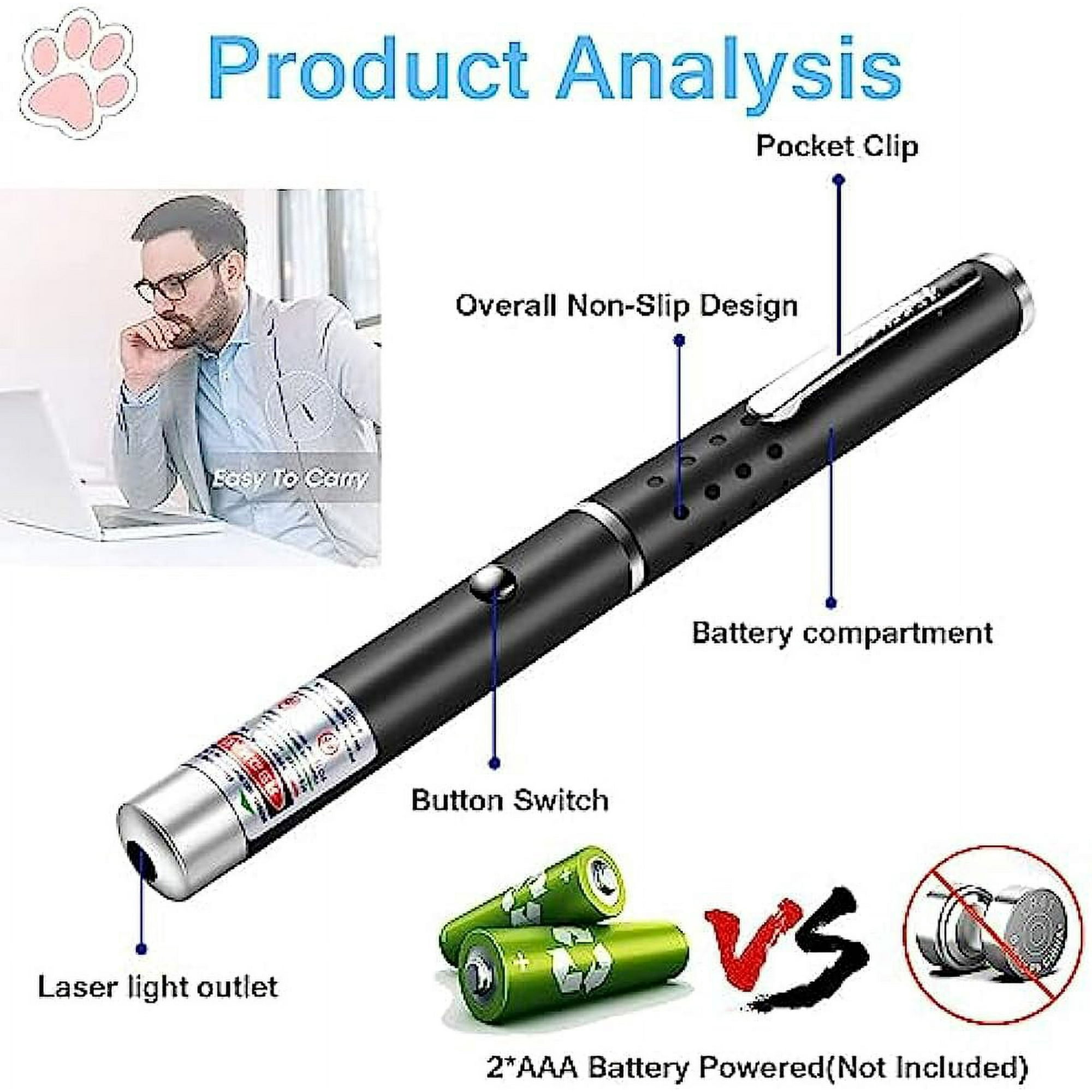 Schwarzer Laserpointer-Stift mit Etiketten, ein Mann, Batterien und ein 