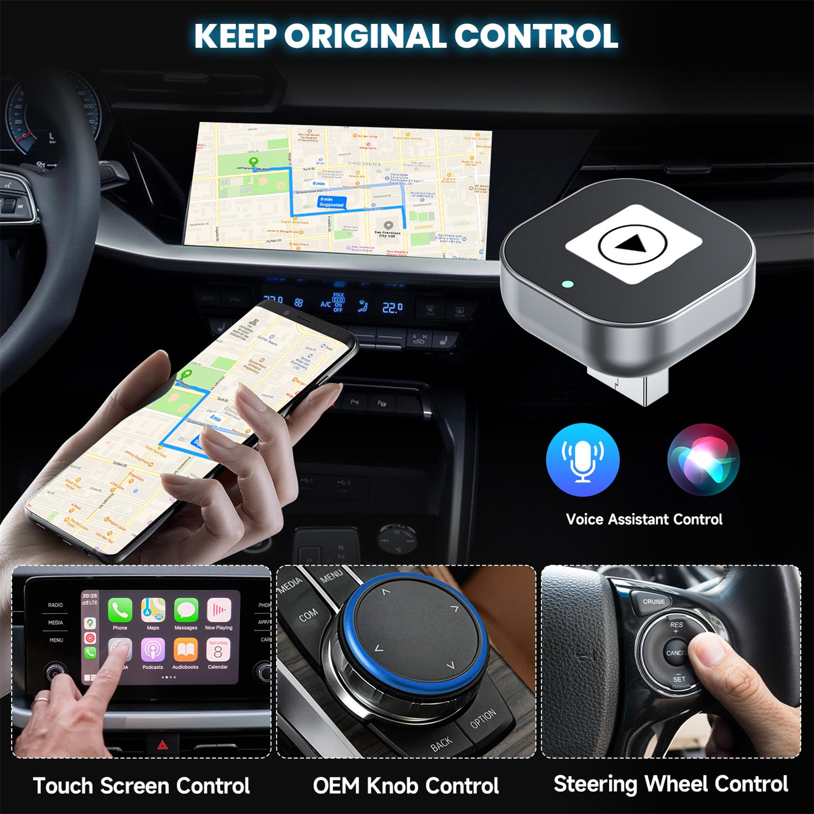 Ein Autointerieur mit einem Telefon, das eine Karte zeigt. Ein Steuergerät und ein Sprachassistent werden ebenfalls angezeigt.