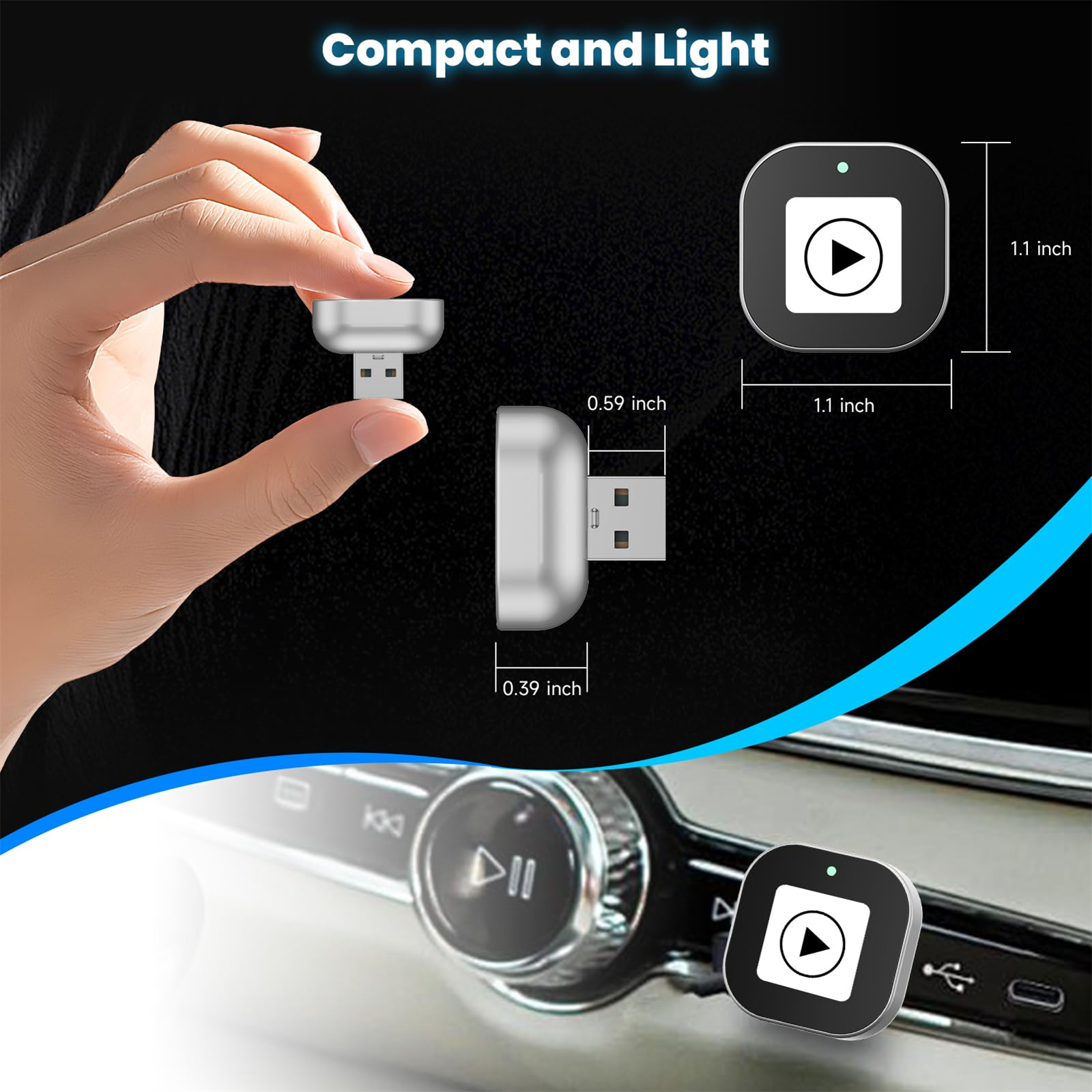 Ein kleines, silbernes USB-Gerät mit Play-Taste und eine größere Version in einem Auto.