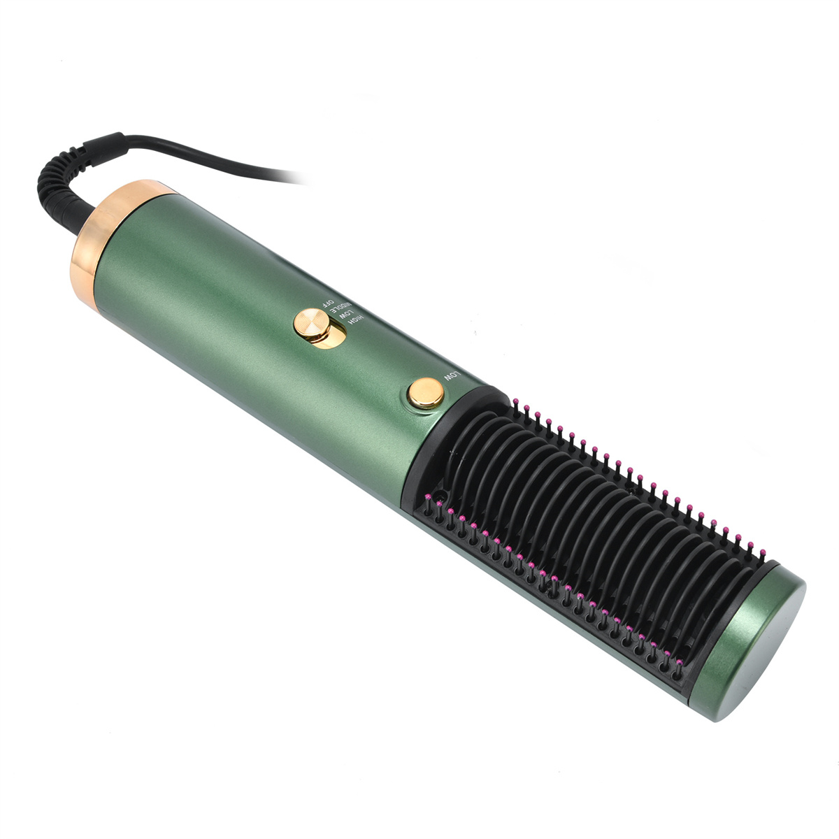 Eine grün-schwarze Haarglättungsbürste. Sie hat einen Griff, eine Taste und Borsten.