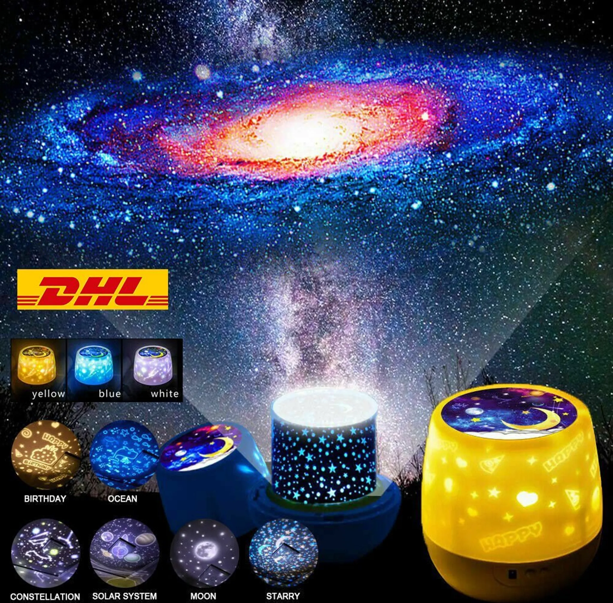 Nachtlichtprojektor mit verschiedenen Projektionen: Galaxie, Sterne, Mond und Geburtstagsszene.