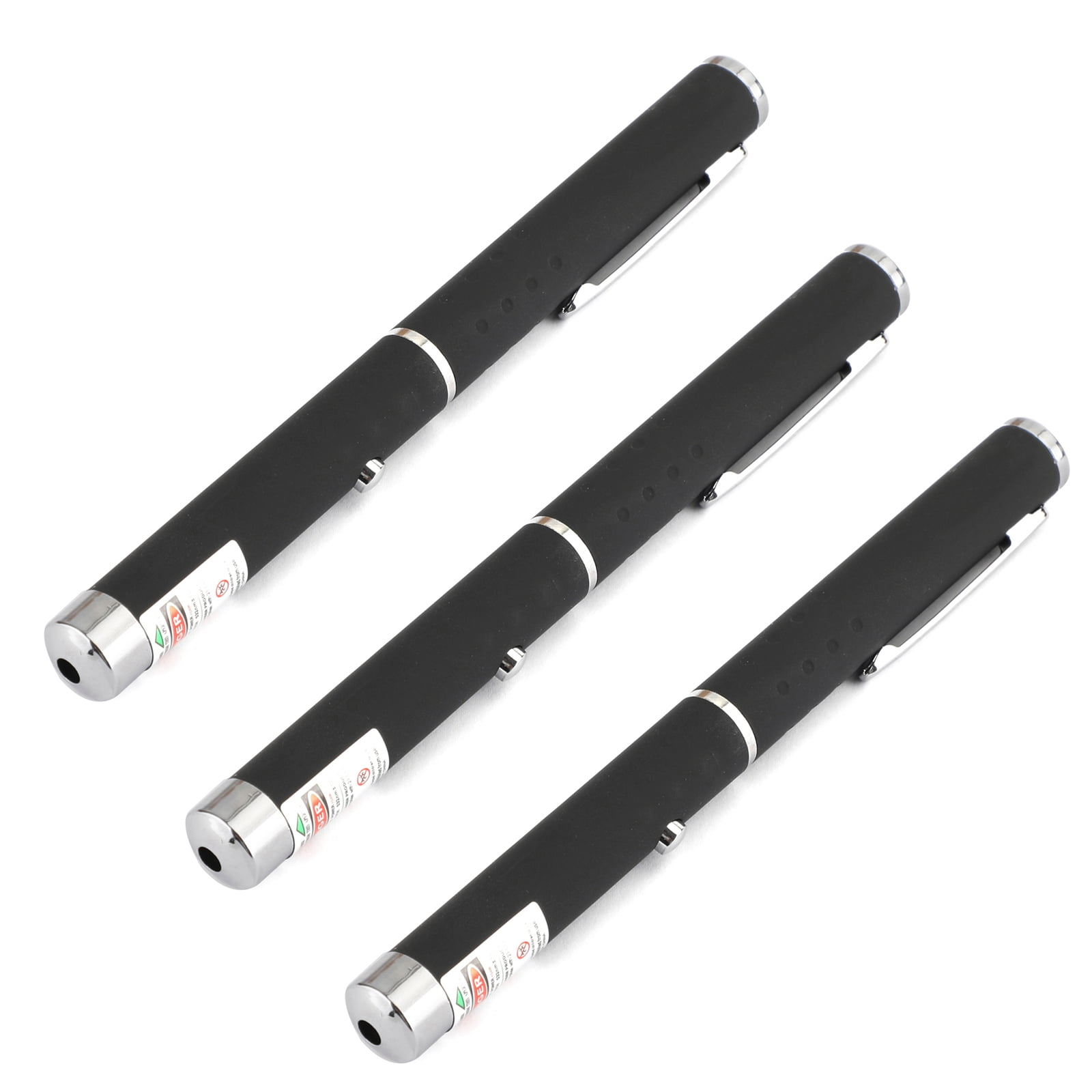 Drei schwarze Laserpointer auf weißem Hintergrund. Jeder hat eine silberne Spitze und einen Clip.