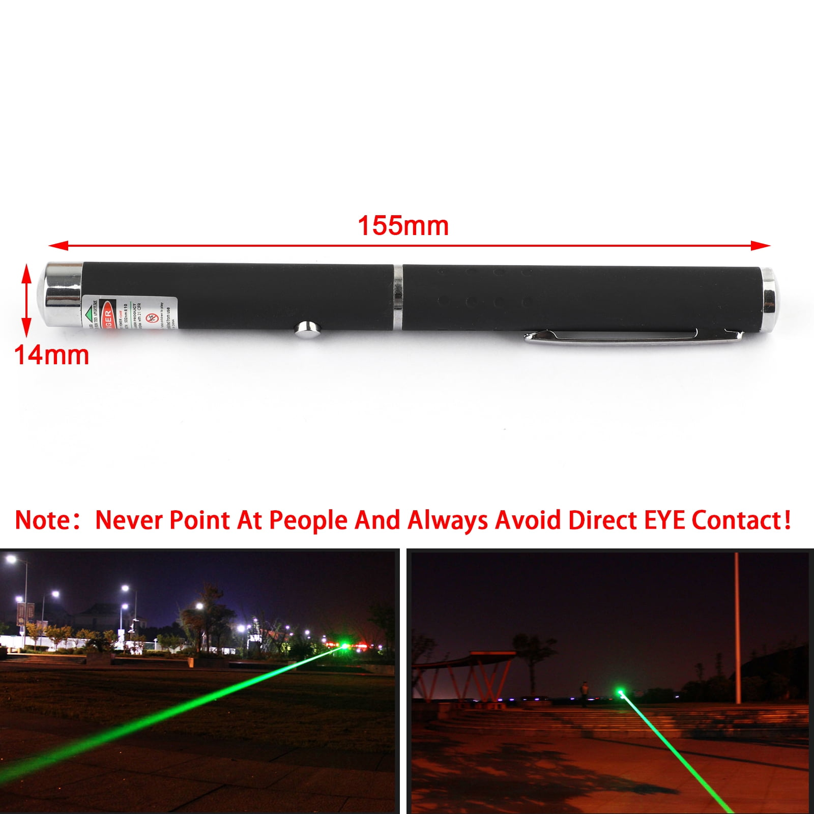 Schwarzer Laserpointer mit Sicherheitshinweis. Zwei Bilder zeigen grüne Laserstrahlen bei Nacht.