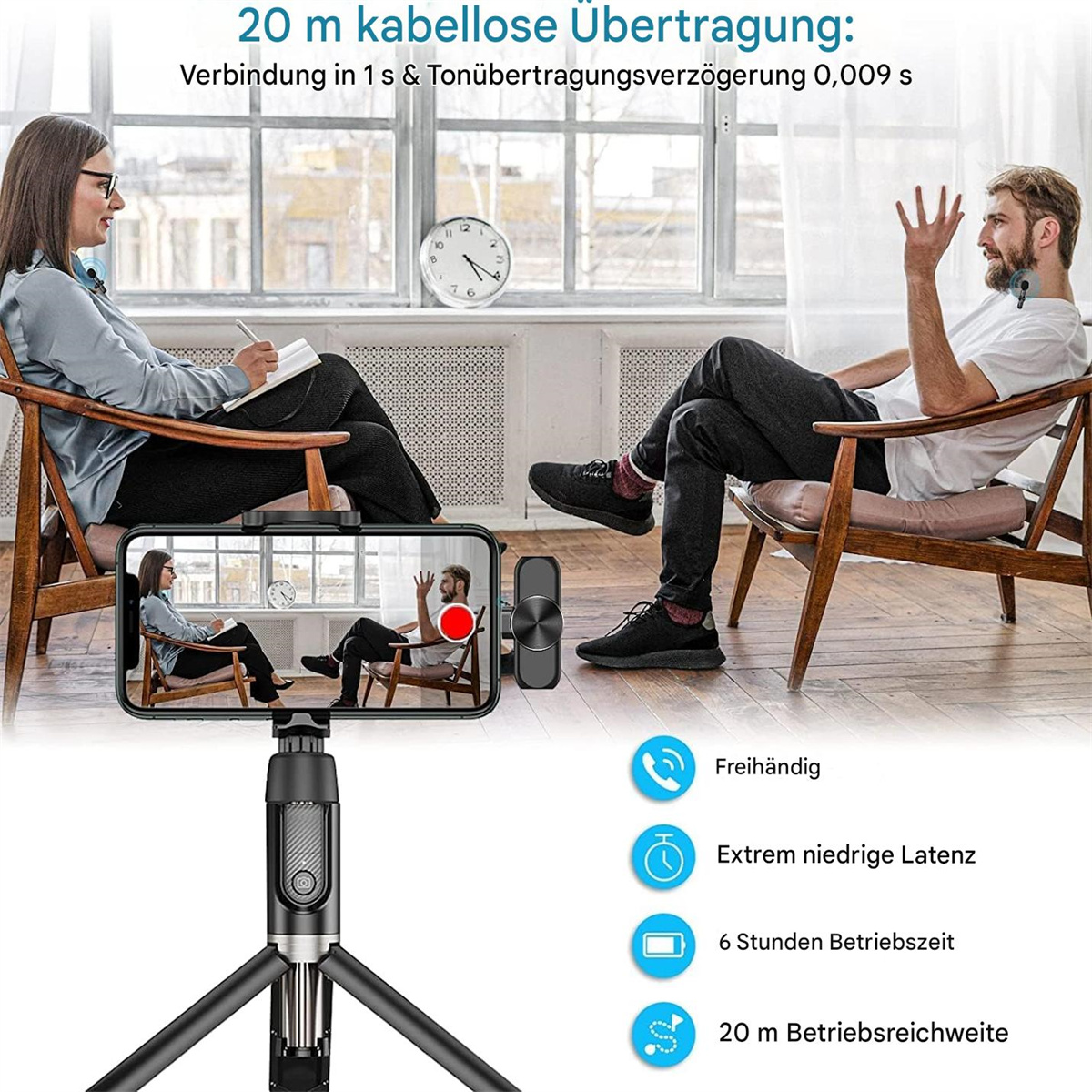 Mann und Frau benutzen ein Telefon auf einem Stativ. Verschiedene Symbole und Text zu den Funktionen werden angezeigt.
