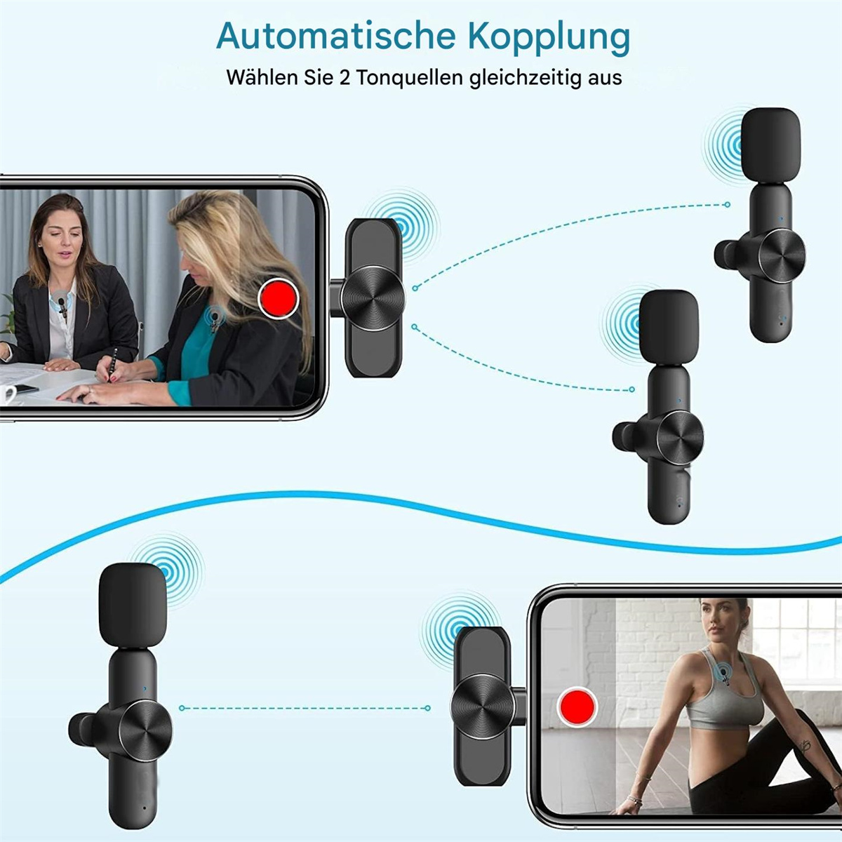 Bild zeigt zwei Telefone mit Personen und Mikrofonen. Der Text lautet: Automatische Kopplung.