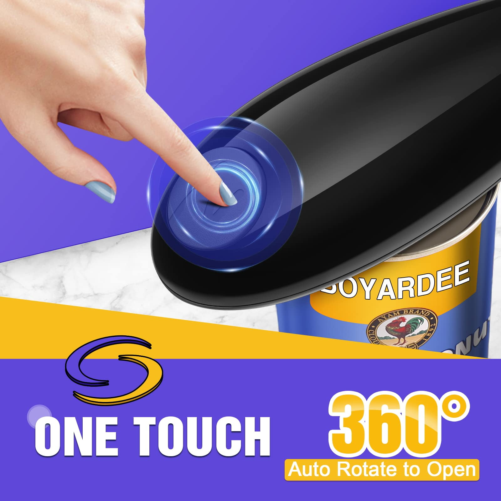 Eine Hand drückt eine Taste auf einem schwarzen Dosenöffner, mit blauem Licht. Text: One Touch und 360° Auto Rotate.