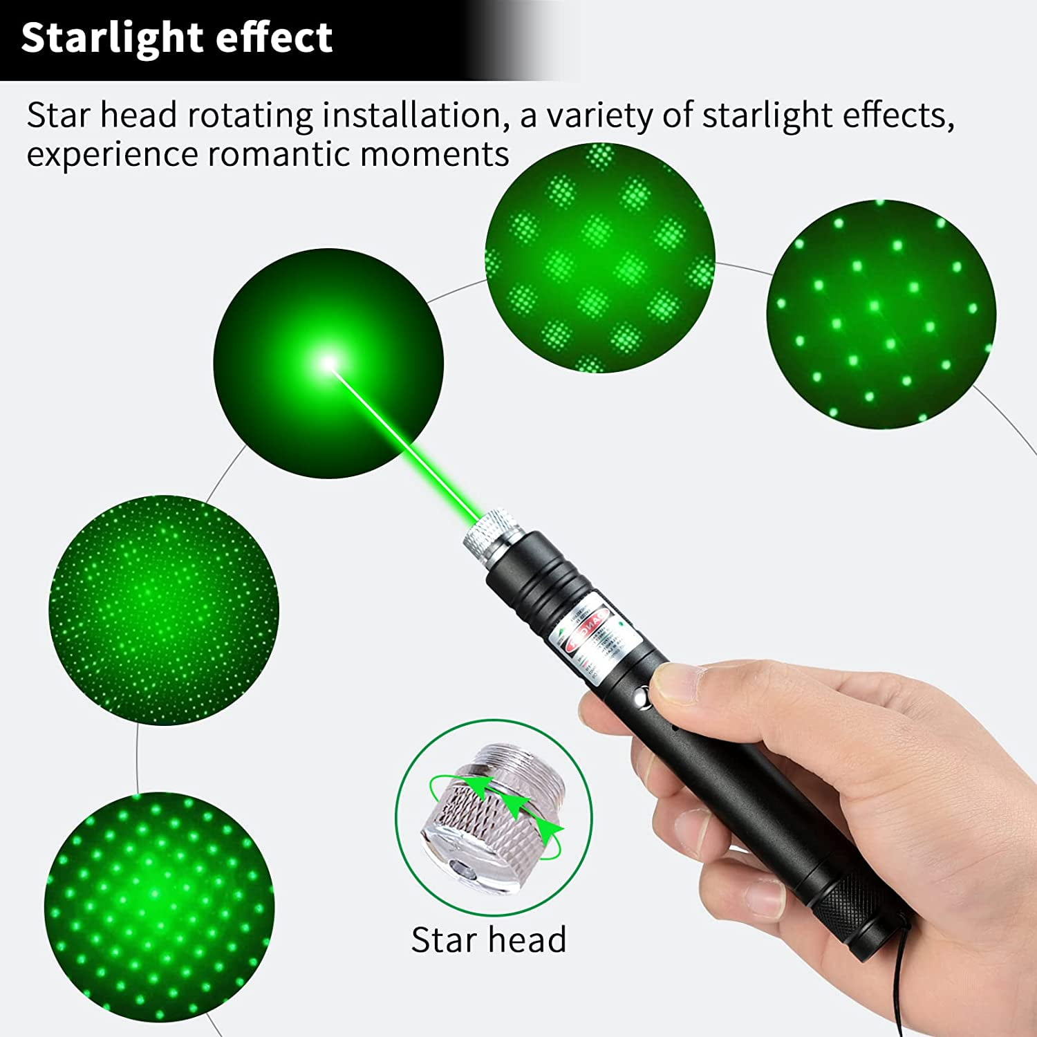 Ein schwarzer Laserpointer mit grünen Lichteffekten. Mehrere Beispiele für grüne Lichtmuster werden gezeigt.