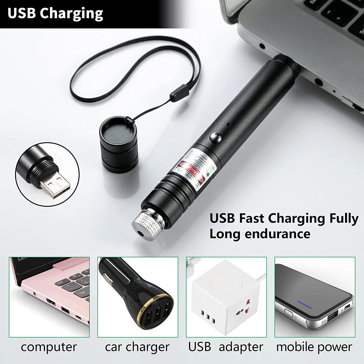 USB-Ladeaufbau mit Laserpointer, Computer, Autoladegerät, USB-Adapter und Powerbank.