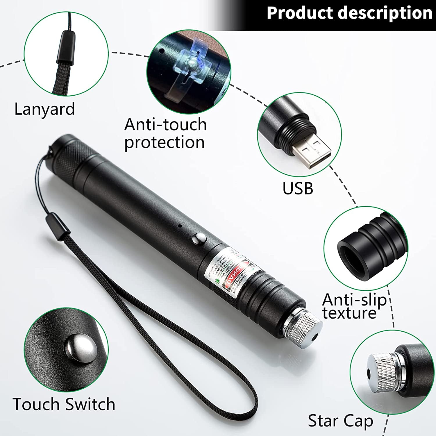 Ein schwarzer Laserpointer mit Zubehör. Enthält ein Schlüsselband, USB und Anti-Rutsch-Textur.