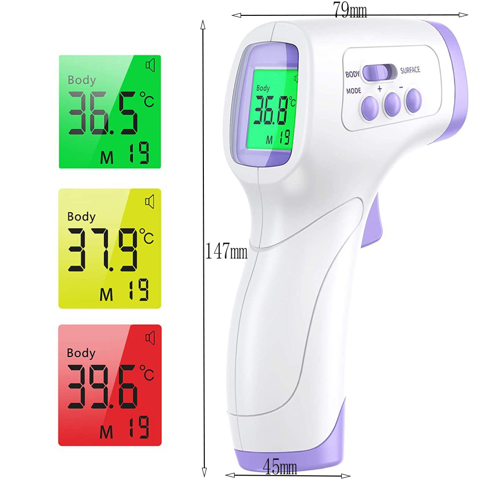 Ein weißes Thermometer zeigt drei Temperaturmesswerte an: 36,5°C, 36,8°C, 37,9°C und 39,6°C.