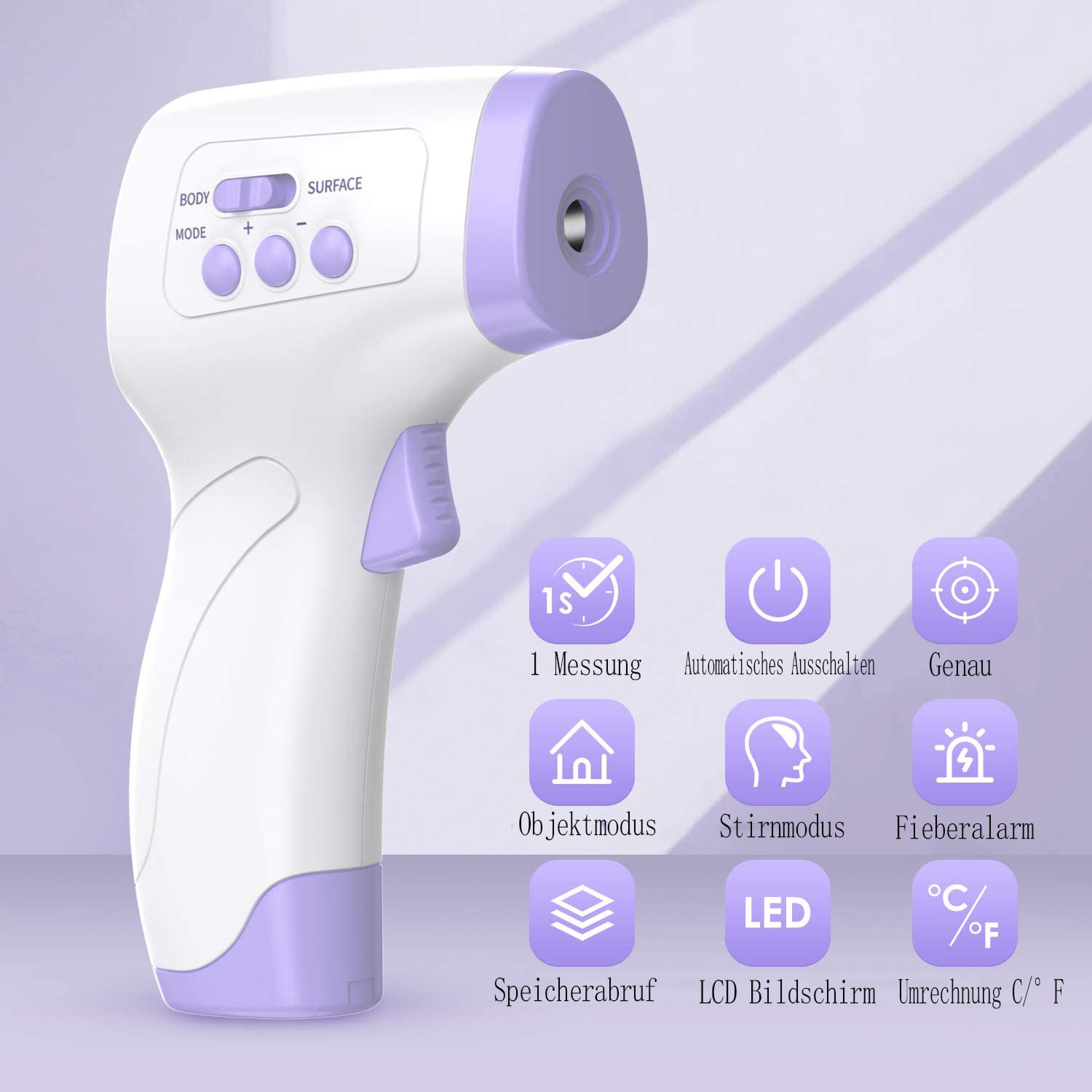 Ein weißes und lila Thermometer. Es hat Knöpfe und ein Display. Funktionen sind darum aufgeführt.
