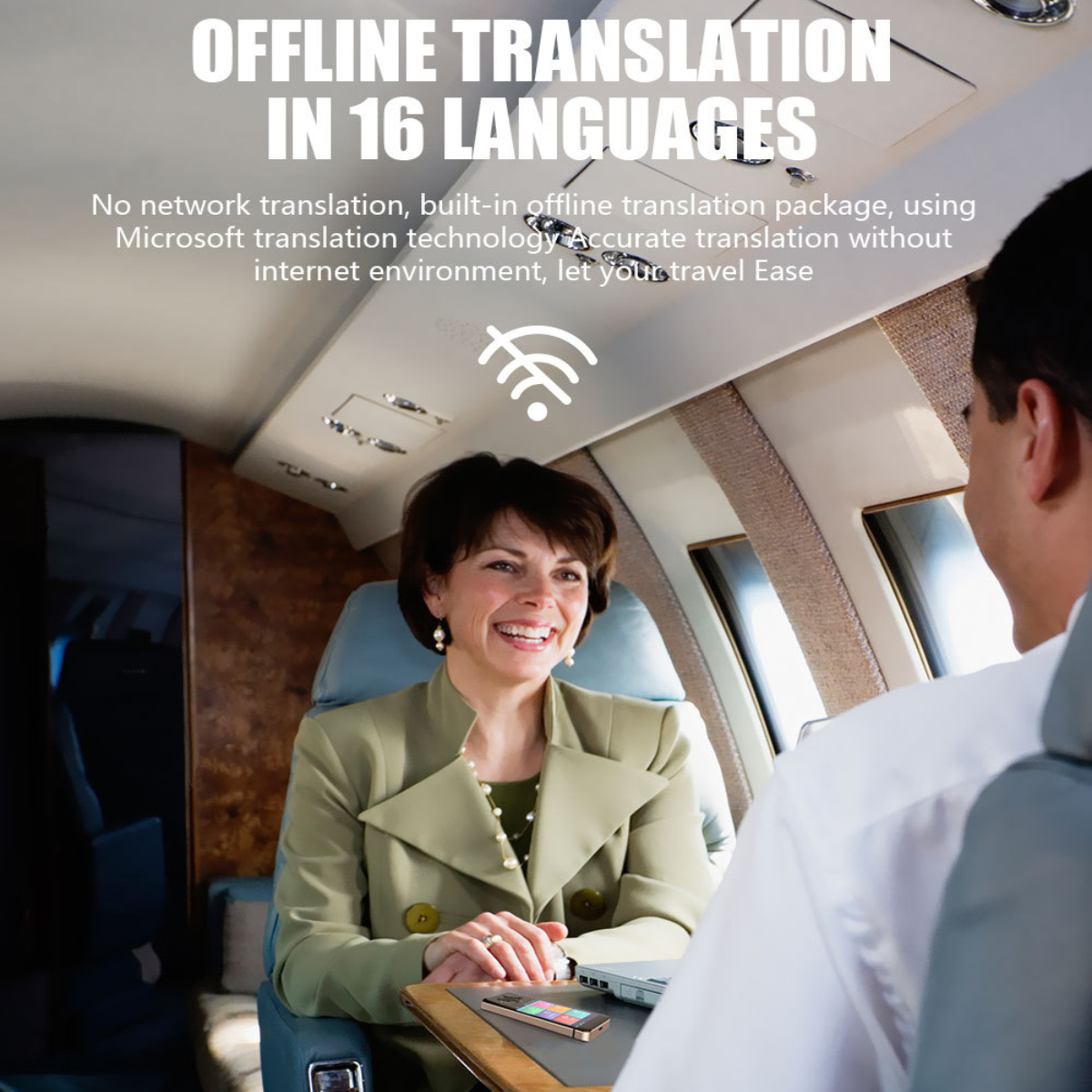 Menschen in einem Flugzeug. Text-Overlay: Offline-Übersetzung in 16 Sprachen.