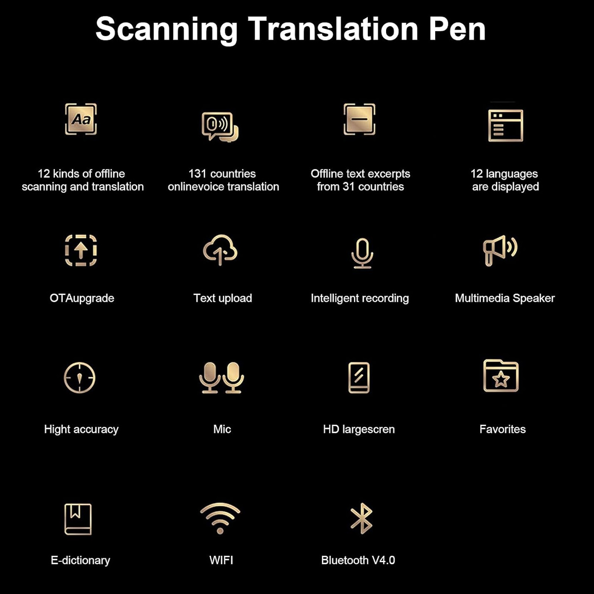 Ein schwarzer Hintergrund mit goldenen Symbolen, die Übersetzungs- und Offline-Funktionen veranschaulichen.