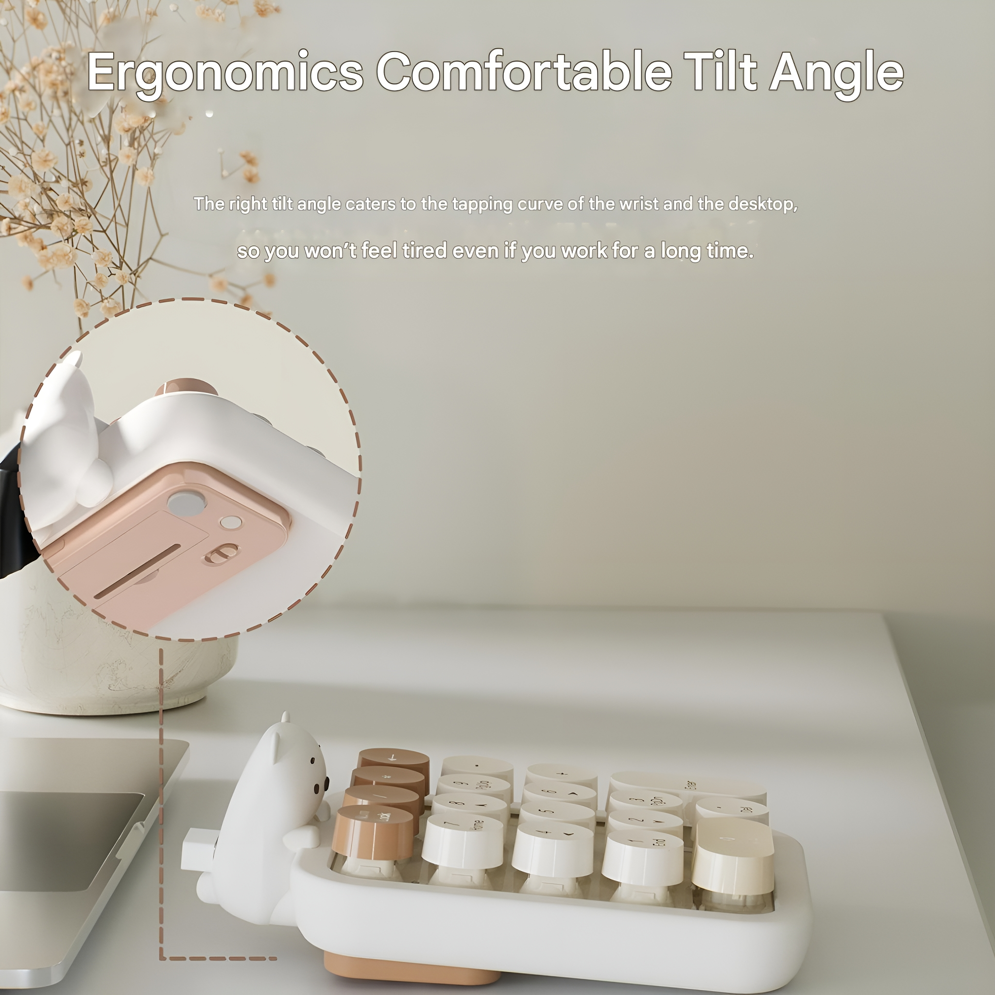 Eine Tastatur mit runden, beigefarbenen Tasten und einer weißen Bären-Handgelenkstütze. Text: Ergonomie Komfortabler Neigungswinkel.