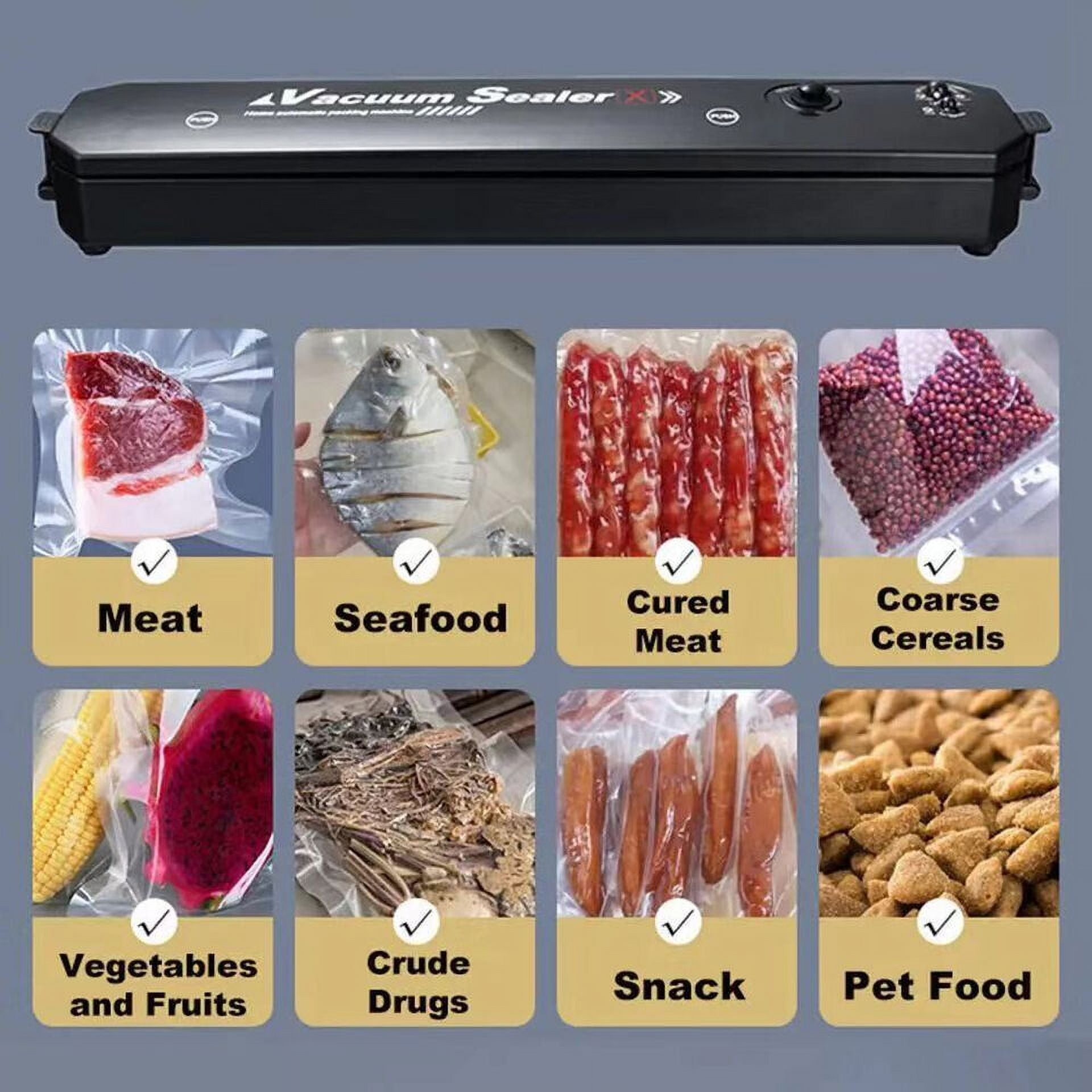 Vakuumiergerät mit verschiedenen Lebensmitteln: Fleisch, Meeresfrüchte, gepökeltes Fleisch, grobes Getreide, Gemüse.