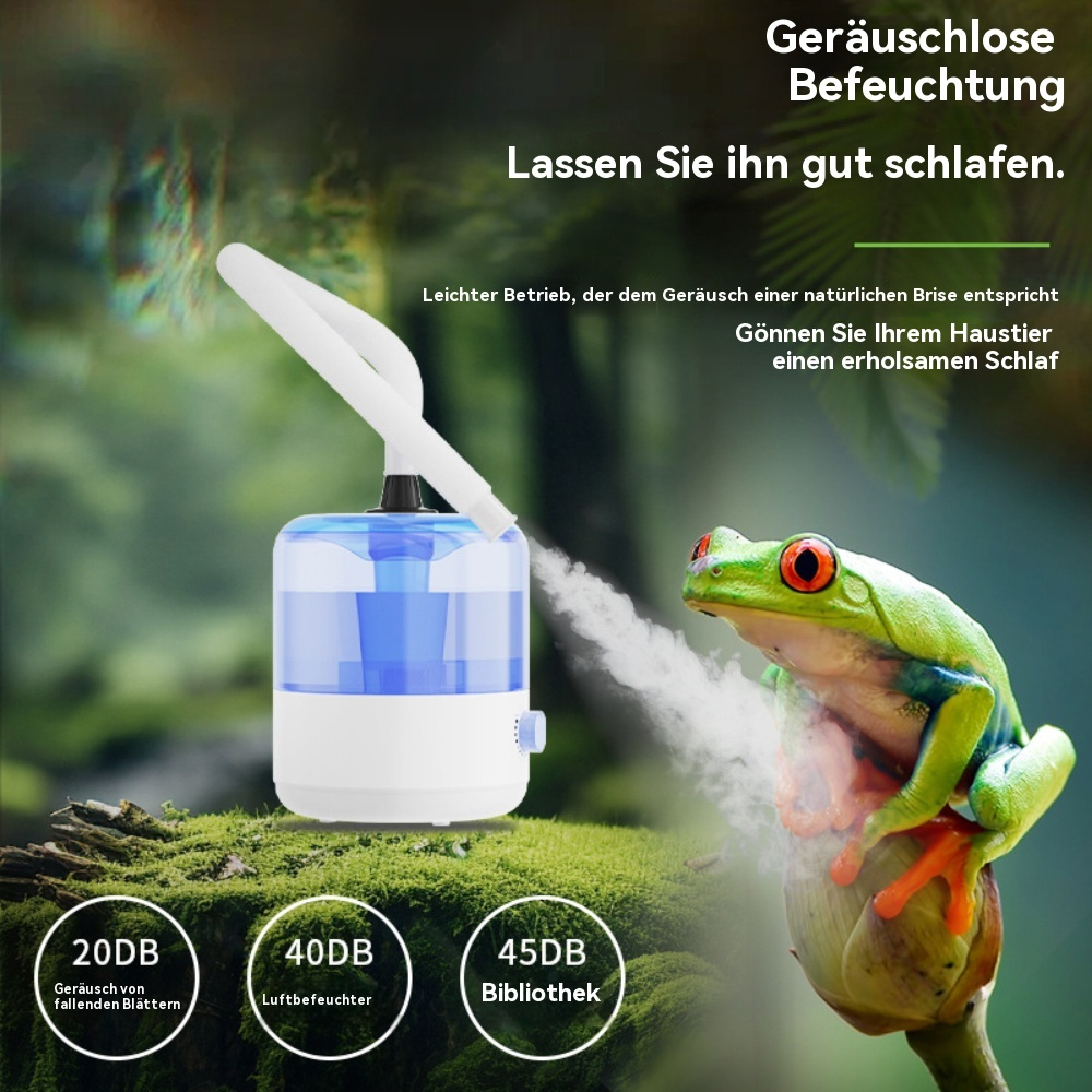 Luftbefeuchter mit einem Frosch und Text über ruhige Befeuchtung. Blaues und weißes Gerät.