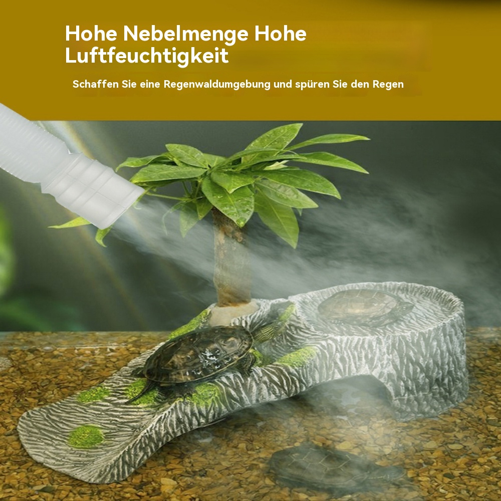 Ein Luftbefeuchter erzeugt Nebel mit einem kleinen Schildkrötenhabitat im Vordergrund.