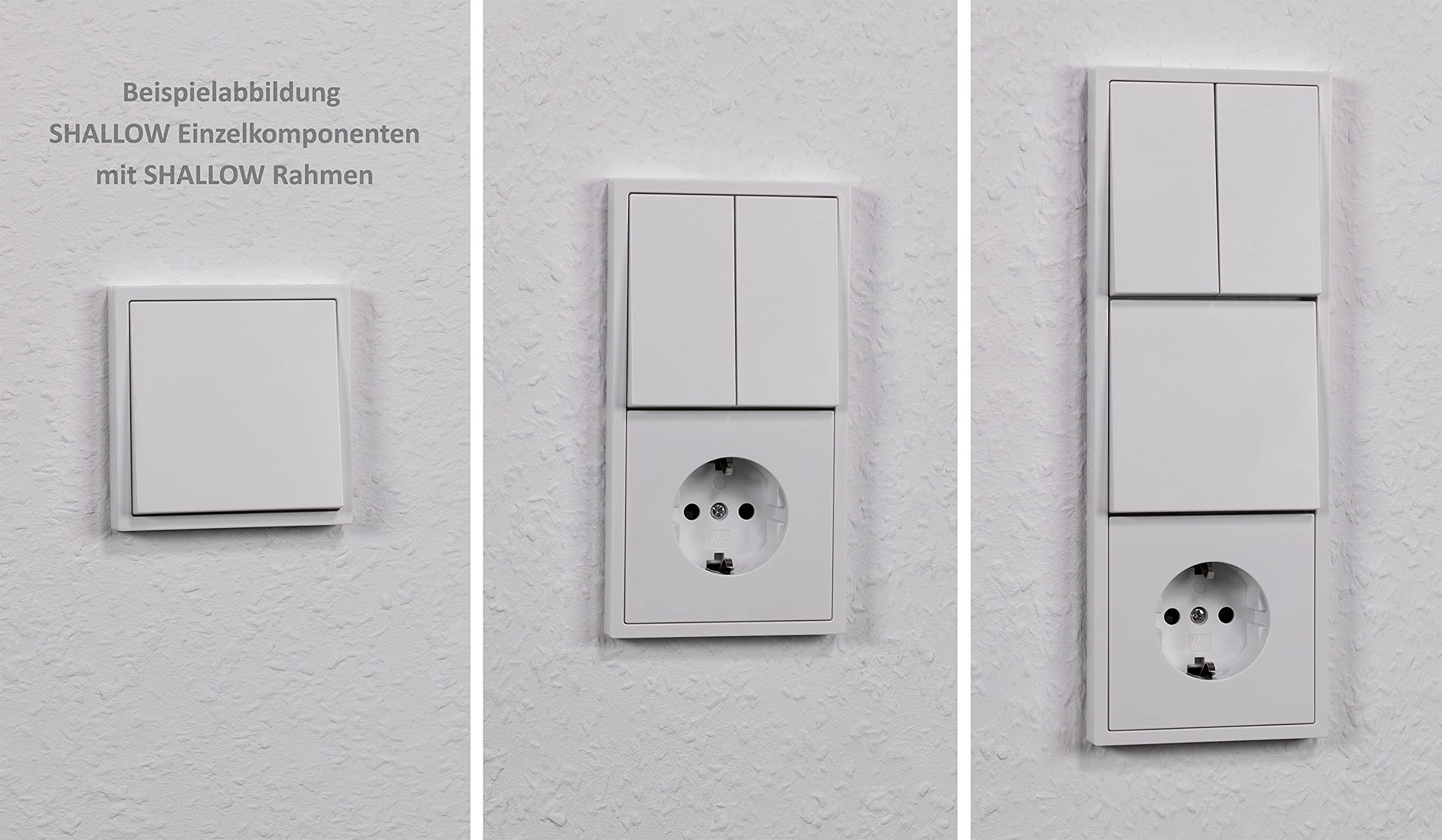 Drei weiße Lichtschalter- und Steckdosenkombinationen an einer strukturierten weißen Wand.