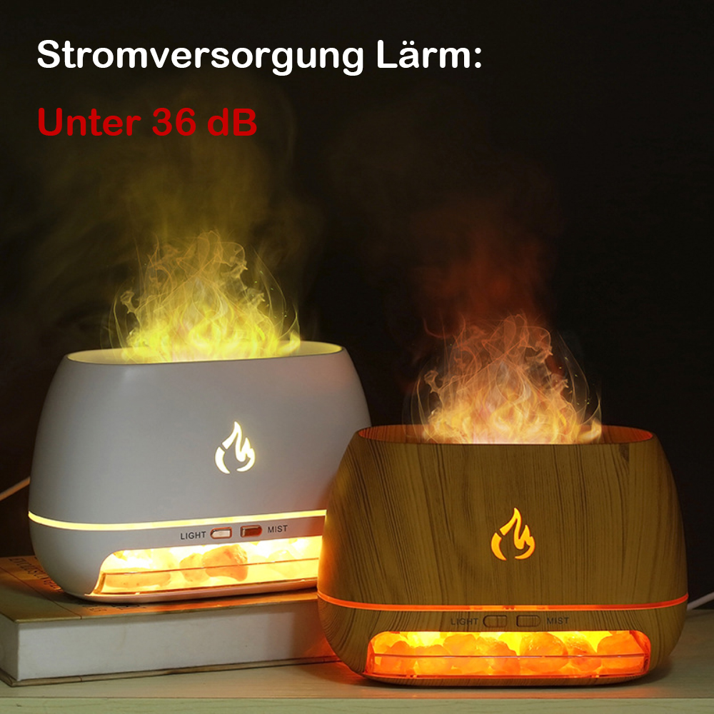Zwei weiße Diffusoren mit simulierten Flammen. Einer ist holzähnlich. Text weist auf niedrigen Geräuschpegel hin.