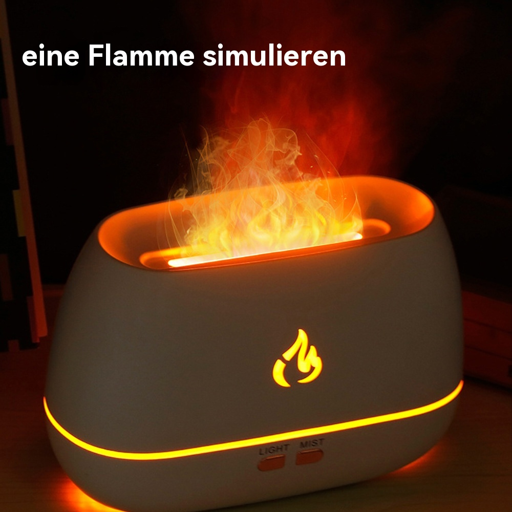 Ein weiß-oranges Gerät, das Flammen simuliert. Es hat ein Flammendesign und die Wörter 'LIGHT' und 'MIST' mit Tasten.