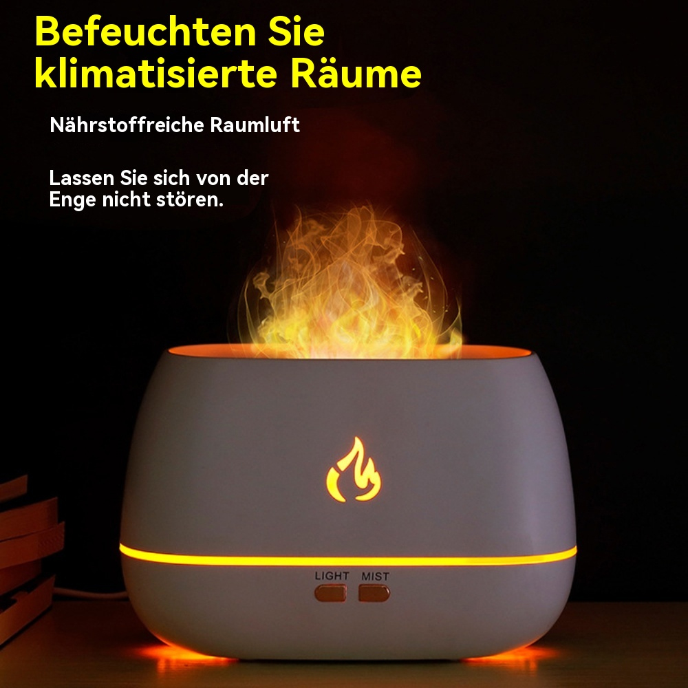 Ein weißer Diffusor mit Flammeneffekt, der Licht emittiert. Text: 'Befeuchten Sie klimatisierte Räume'.