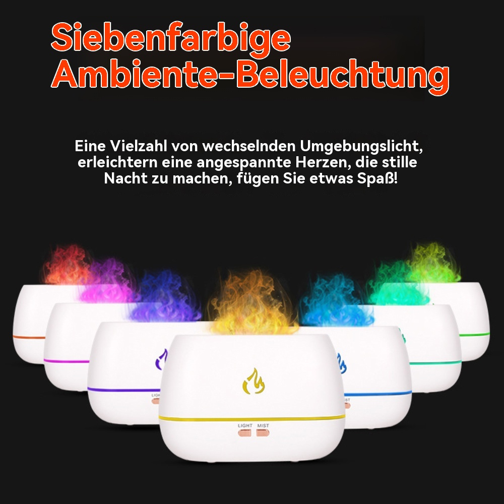 Sechs weiße Aromadiffusoren mit bunten Lichtern. Verschiedene Farben werden von jedem Diffusor emittiert.