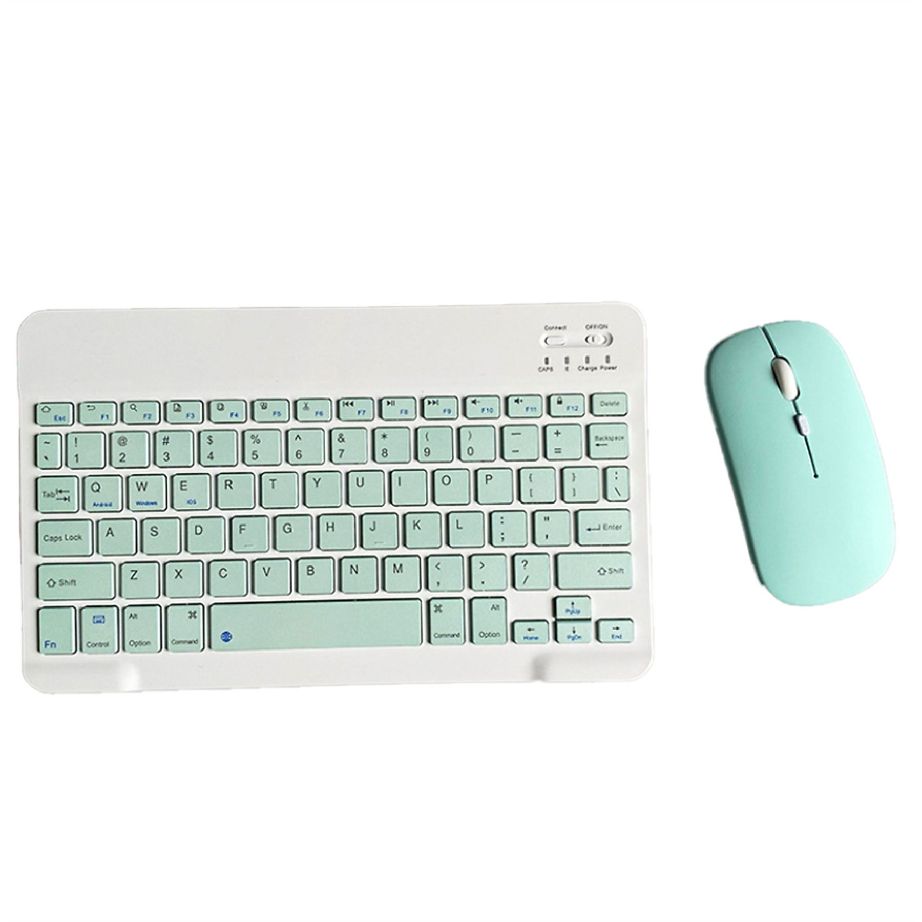Weiße Tastatur und hellgrüne Maus auf weißer Oberfläche.