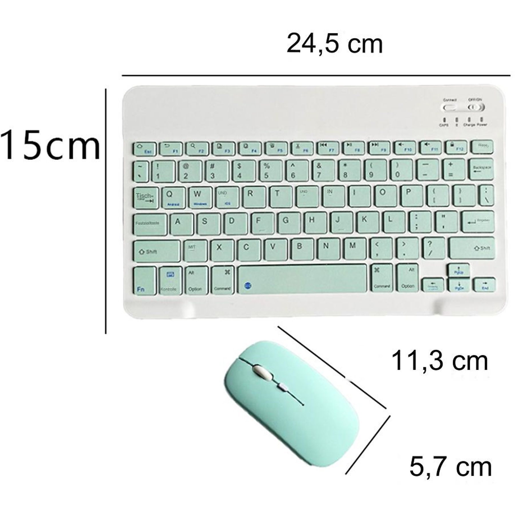 Eine weiße Tastatur und eine mintfarbene Maus mit beschrifteten Abmessungen. Draufsicht, mit weißem Hintergrund.