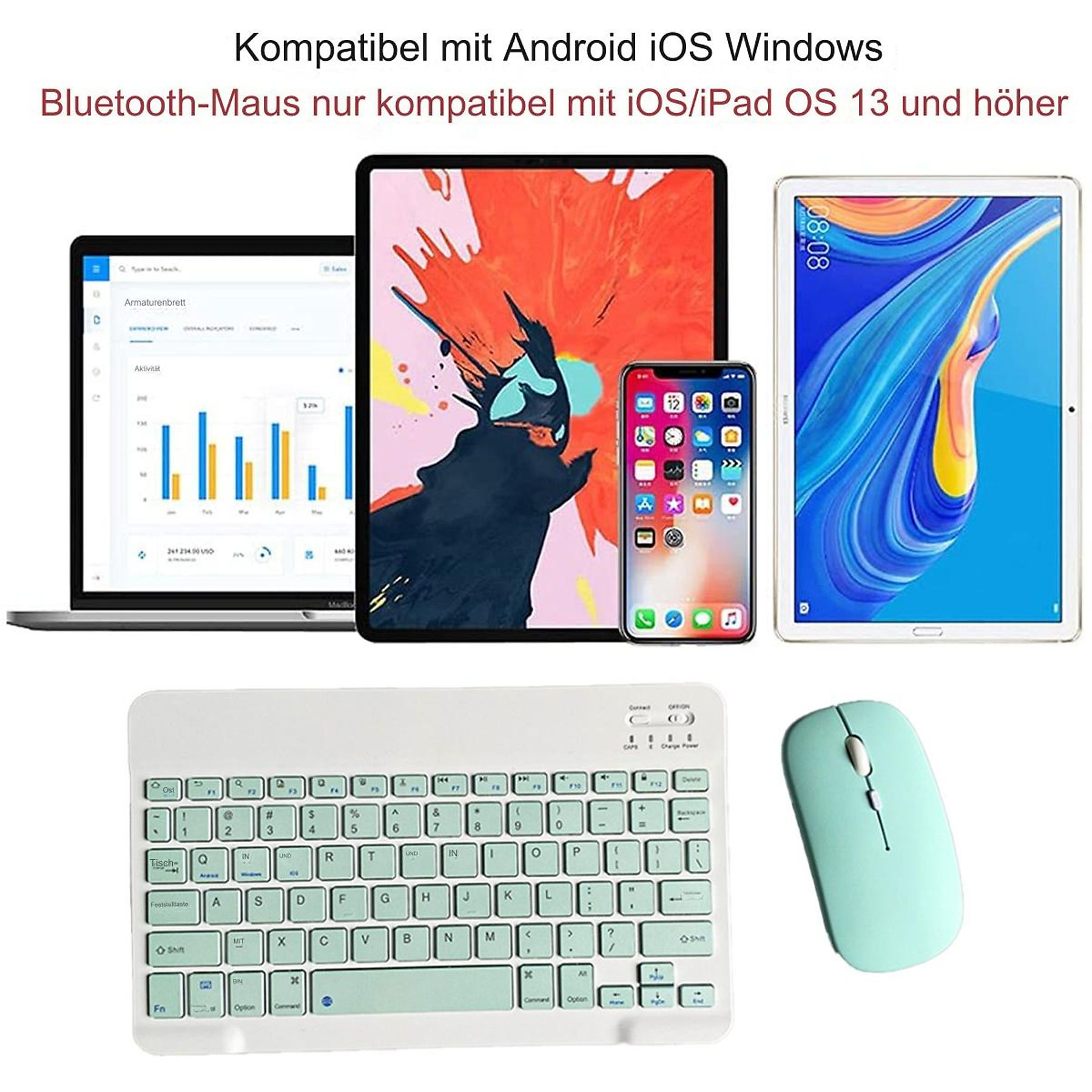 Geräte: Laptop, Tablet, Smartphone, Tastatur und Maus. Alles auf einer weißen Oberfläche angeordnet.