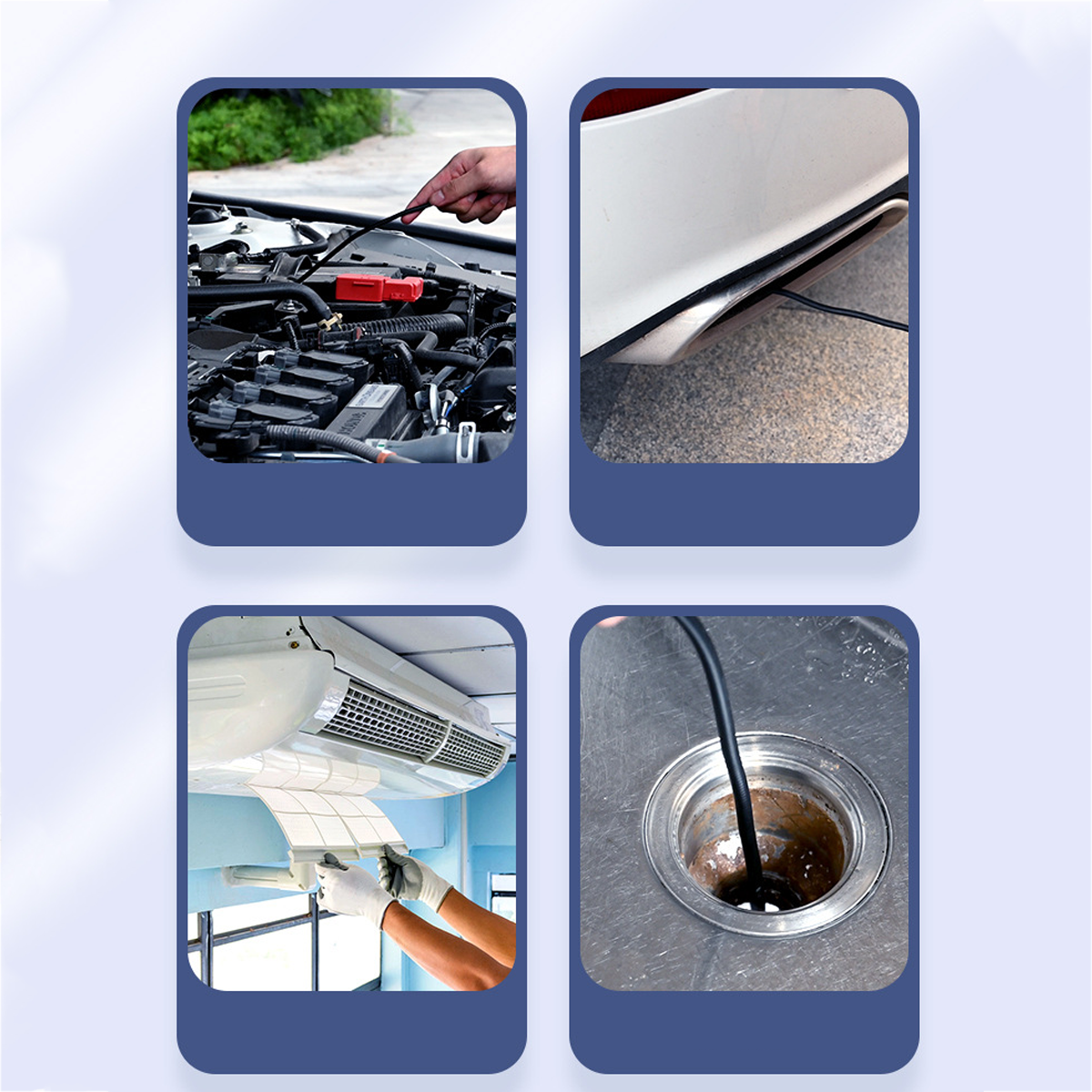 Bilder von Kfz-Reparaturen. Zeigen die Verwendung einer Inspektionskamera, die Inspektion von Autoteilen und die Kanalreinigung.