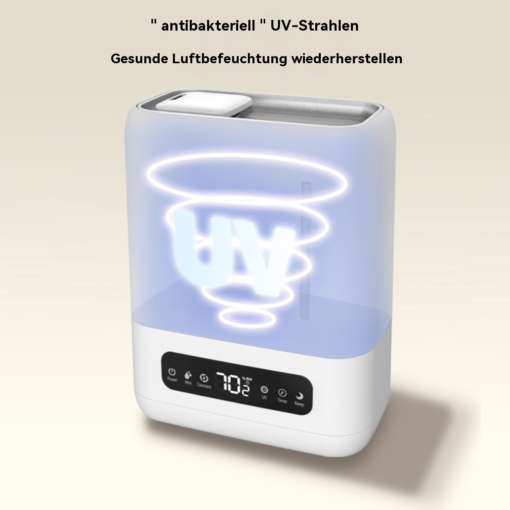 Ein weißer Luftbefeuchter mit blauem UV-Lichteffekt und Display.