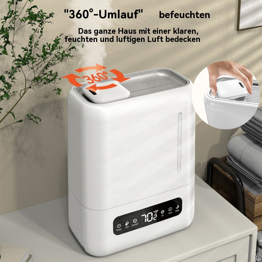 Weißer Luftbefeuchter mit Digitalanzeige, umgeben von Text.