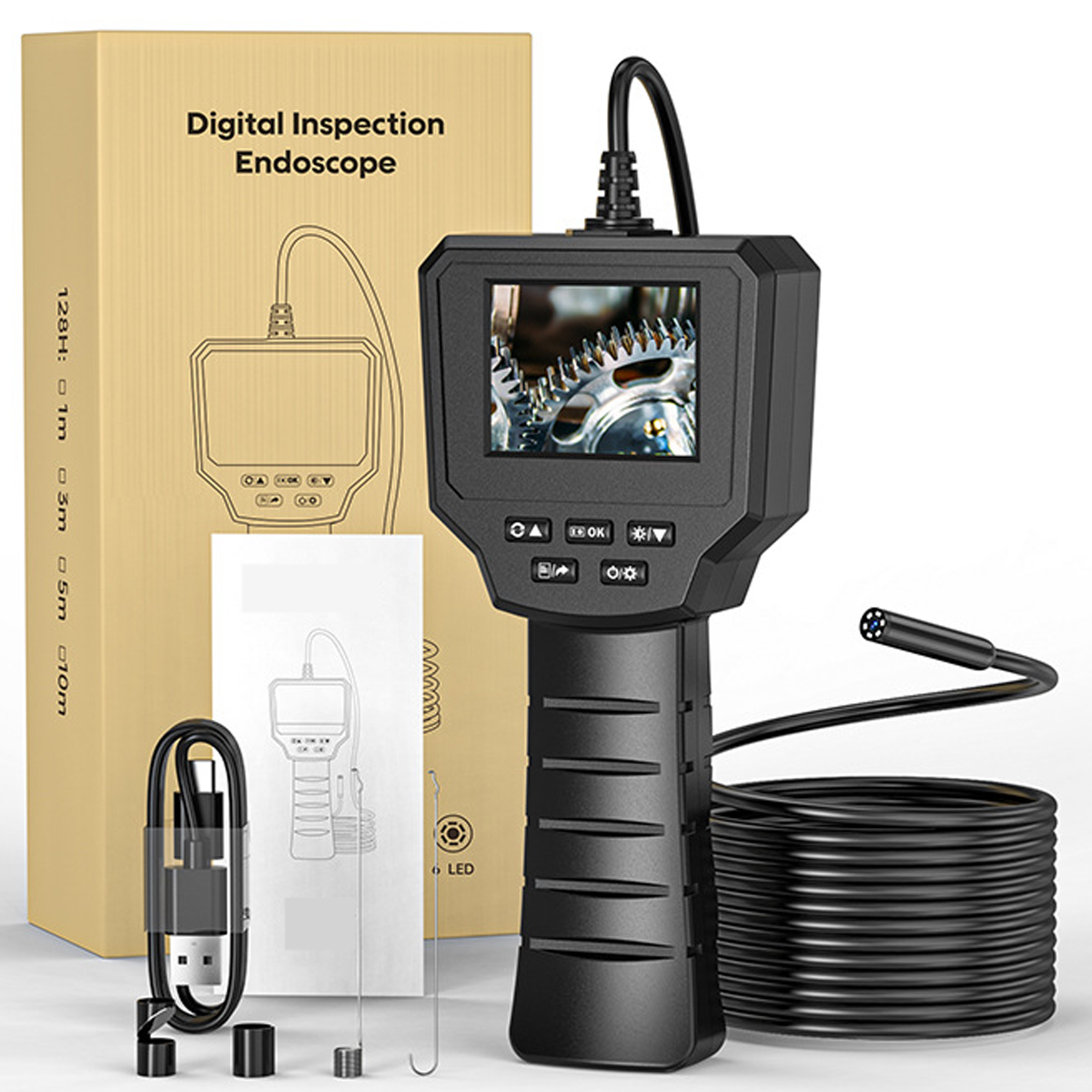 Schwarzes digitales Inspektionsendoskop. Enthält einen Bildschirm, Tasten, eine Kamera und Zubehör in einer Box.