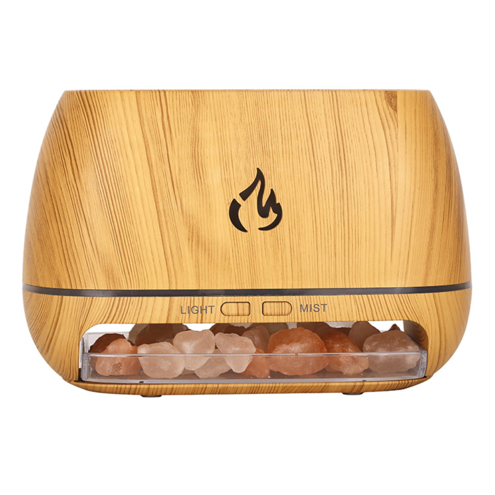 Ein hölzerner Aromadiffusor mit einem Fach mit Salzgestein und Flammensymbol.