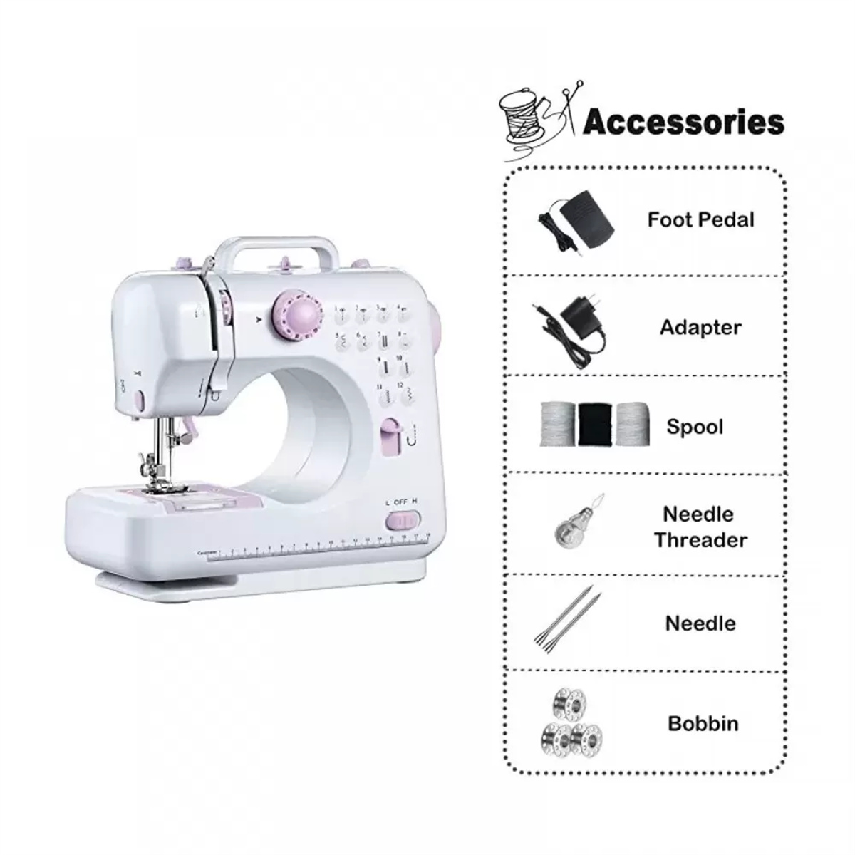 Eine Nähmaschine mit Zubehör, einschließlich Fußpedal, Adapter und Spulen.