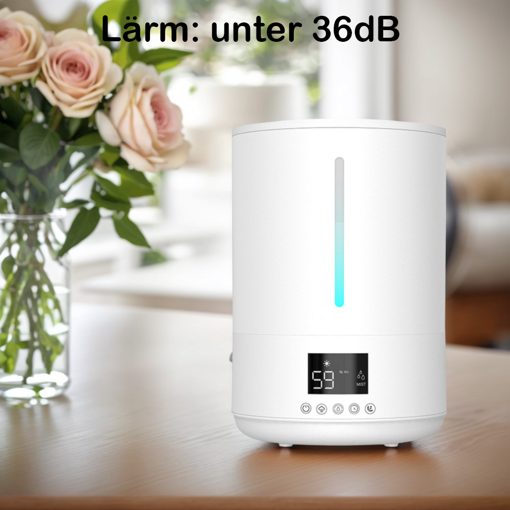 Ein weißer Luftbefeuchter auf einem Holztisch, Text lautet 'Lärm: unter 36dB'.