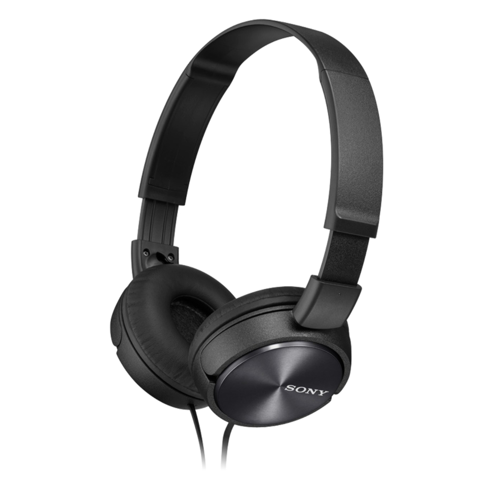 Black Sony headphones on a white background. The headphones are over-ear style.