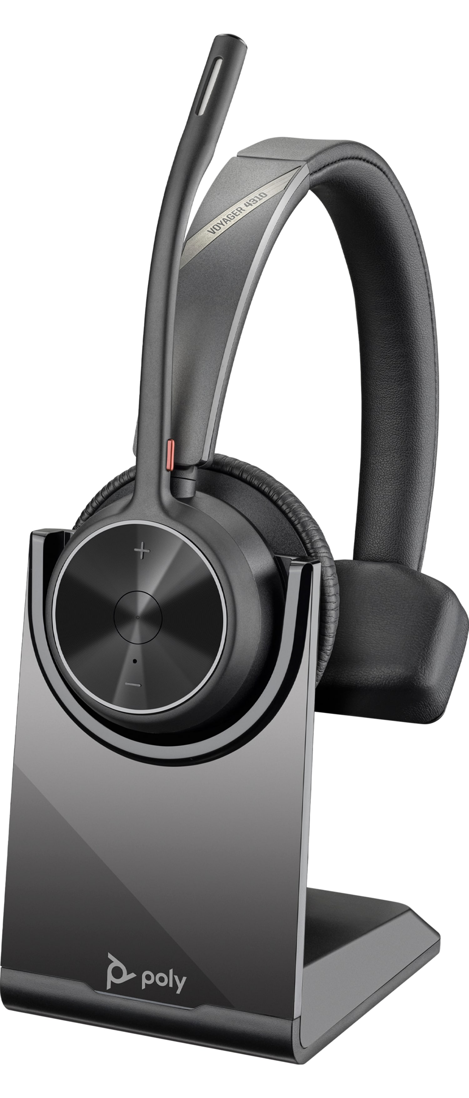 Casque sans fil noir avec un socle de chargement. Le socle porte un logo 'poly'.